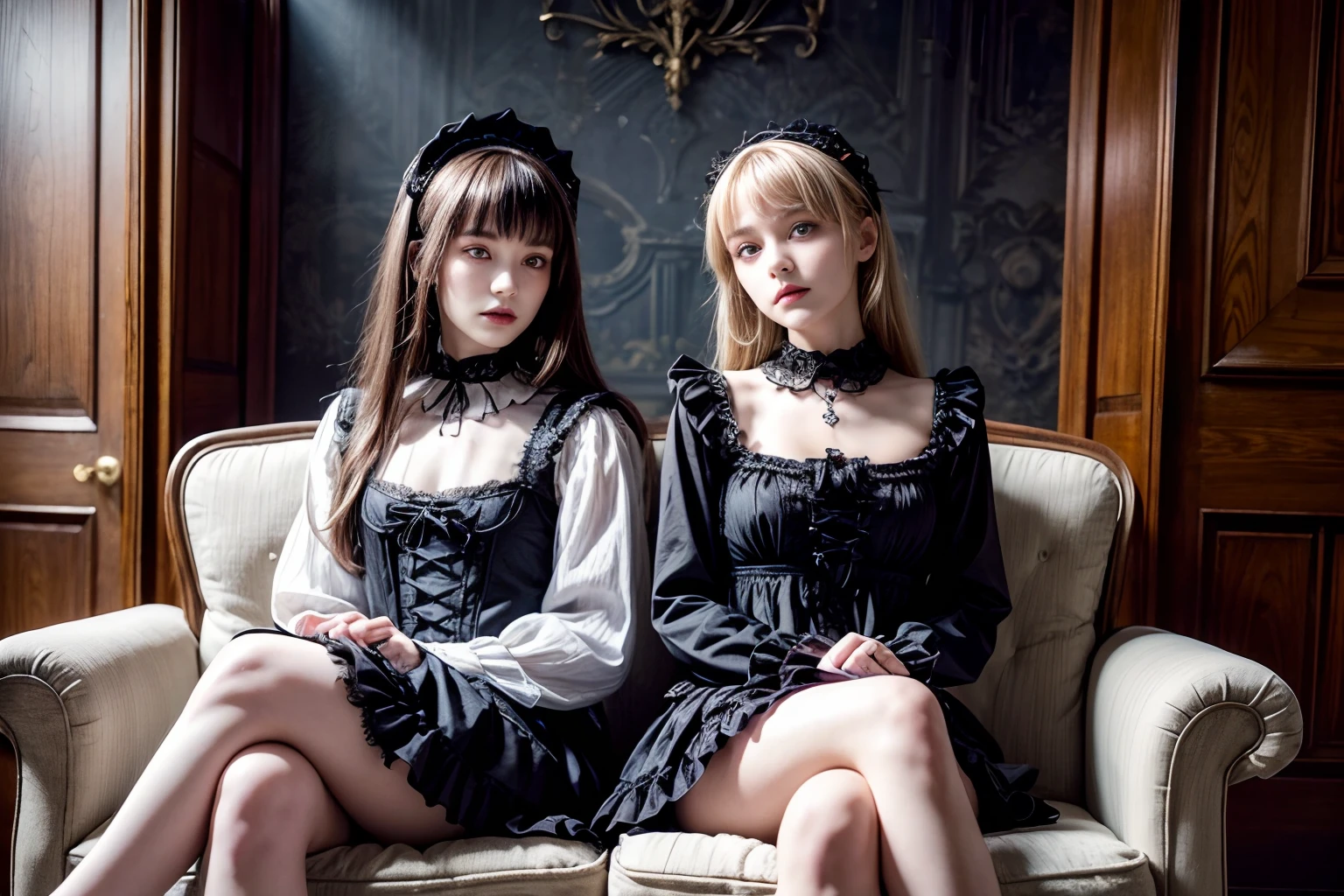 (1girl),clothes in disarray,(gothic lolita:1.5), (big breasts: 1.2), gravure, beautiful Japanese, (from above) ,looking at viewer,(lying down pose),(embarrassed),bust shot,(blonde),(short hair),22years old,