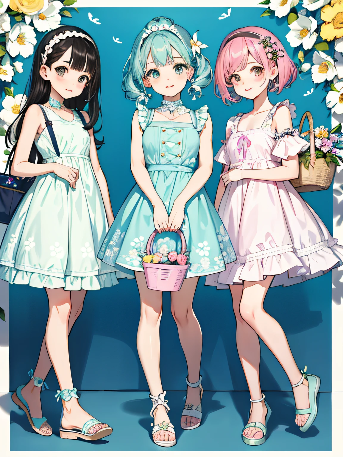 Detailed background、top-quality、3 beautiful women in 30 generations、Cute hairstyle、huge-breasted、Smiling、Fresh one-piece style、Choose a dress with a floral or pastel color、Match your feet with flat sandals or sneakers、Add accents with a basket bag or headband、By incorporating bright colors and patterns like spring、Creates a gorgeous and cute impression