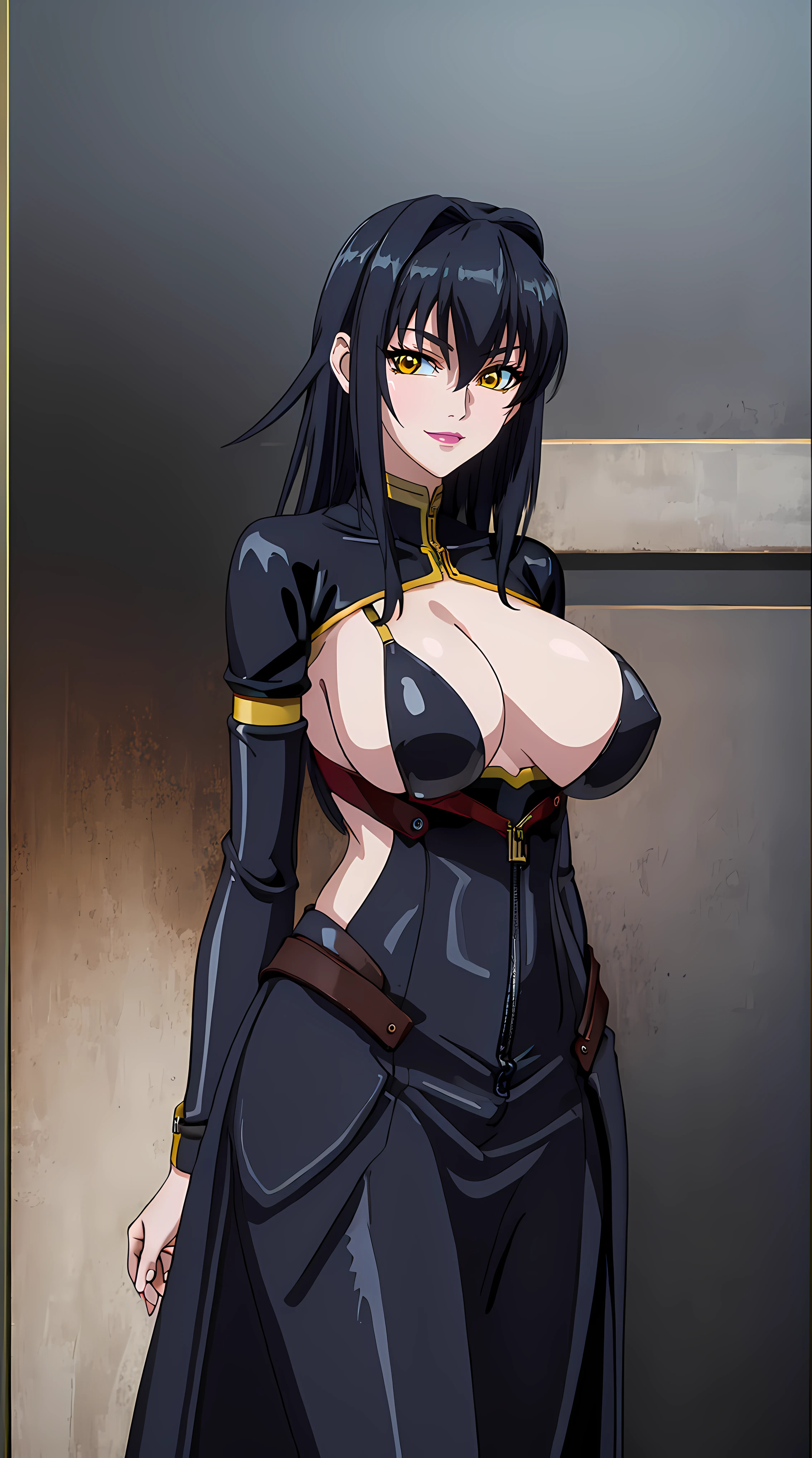 (masterpiece:1.4),(best quality:1.4), beautiful face, beautiful eyes, 1girl, solo, female mature, black hair, long hair, (yellow eyes), large breasts, black latex suit, ((night vibe background)), hair intakes, exquisite eyes detail, exquisite character design details 8k HDR, professional art, landscape, (solo:1.5, 1girl:1.4, cowboy shot:1.5), milf, 35 years old girl, seductive, (looking at viewer, smug), Annerose