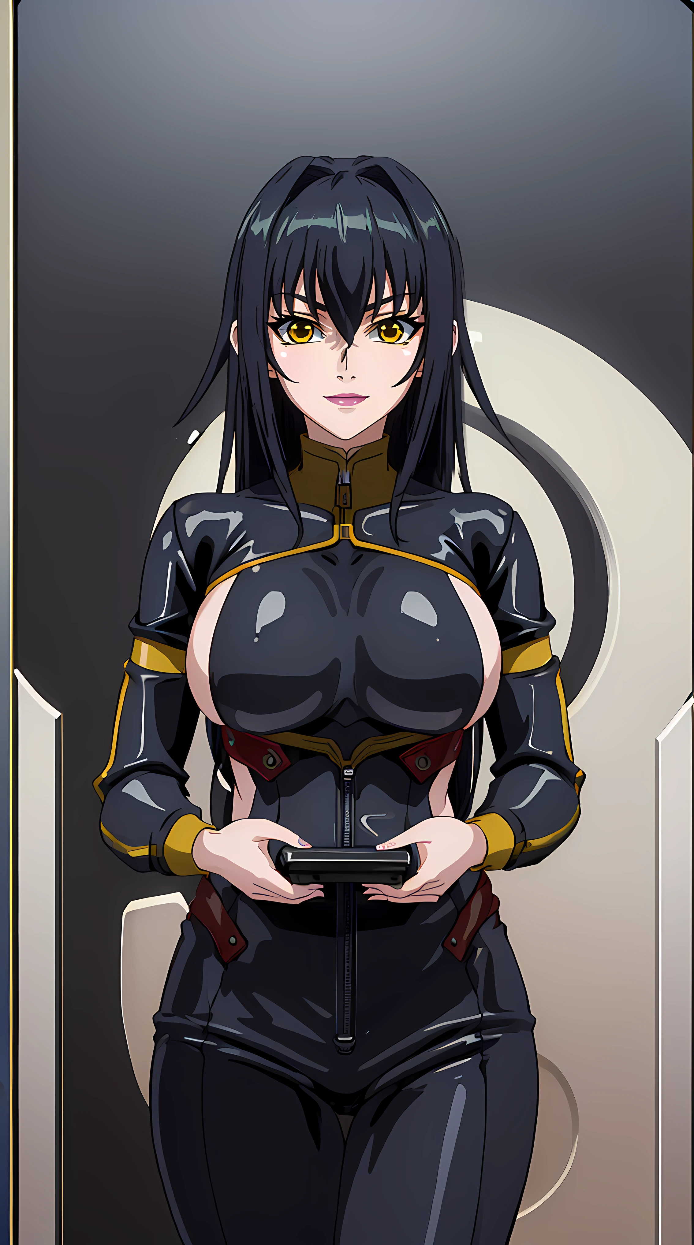 (masterpiece:1.4),(best quality:1.4), beautiful face, beautiful eyes, 1girl, solo, female mature, black hair, long hair, (yellow eyes), large breasts, black latex suit, ((night vibe background)), hair intakes, exquisite eyes detail, exquisite character design details 8k HDR, professional art, landscape, (solo:1.5, 1girl:1.4, cowboy shot:1.5), milf, 35 years old girl, seductive, (looking at viewer, smug), Annerose