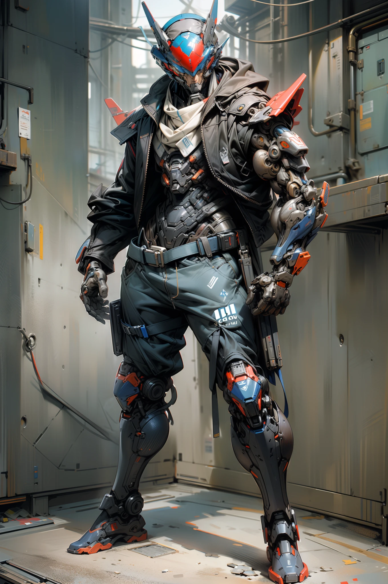 1 homem, sozinho, ((Cor:azul escuro)), mecha cromo azul, metal de corpo inteiro, assassino cyberpunk, painel de corpo inteiro, best quality, Masterpieve, UHD, anatomicamente correto