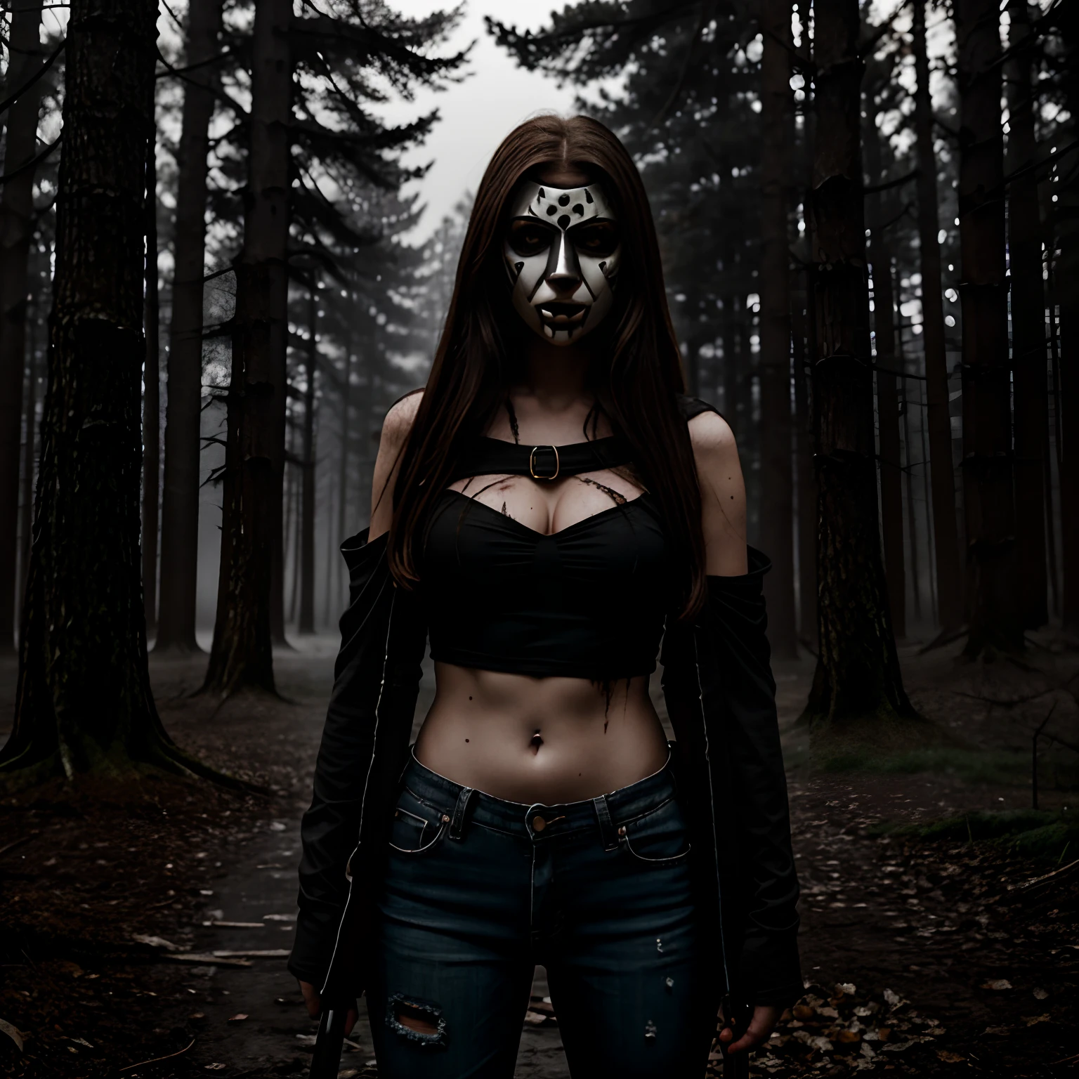 Generate a striking photograph of Autumn in her mid-20s, standing at approximately 5'4". She embodies a female version of Jason Voorhees from the Friday the 13th franchise. Her long, wavy chestnut hair cascades eerily over her shoulders, and her athletic hourglass figure, including her full bust, is cloaked in a sinister yet alluring manner. Her complexion is pallid, creating an eerie contrast with her dark attire.Cloaked in a gender-bent, menacing interpretation of Jason Voorhees' iconic attire, Autumn wears a tattered and blood-spattered hockey mask that conceals the upper part of her face. Her clothing consists of a weathered, blood-stained hockey jersey with the number 13, paired with distressed, dirt-covered jeans and heavy, mud-caked boots.The photoshoot takes place in a creepy, moonlit forest by the shores of Crystal Lake. The atmosphere is shrouded in fog, and the dim moonlight casts eerie shadows through the trees, creating a chilling ambiance.Autumn strikes poses that convey both malevolent power and eerie allure. She might menacingly wield a bloodied machete or axe, poised to strike, while her expressive brown eyes gleam malevolently through the eyeholes of the hockey mask. Her stance exudes a sinister confidence that captures the essence of Jason Voorhees.Intense look and makeup, asymmetrical mask design, photorealistic, moonlit lighting, ominous fog, reflective machete/axe blade, visible gore and bloodstains, chilling shadows, intricate, elaborate, hyper-realistic.