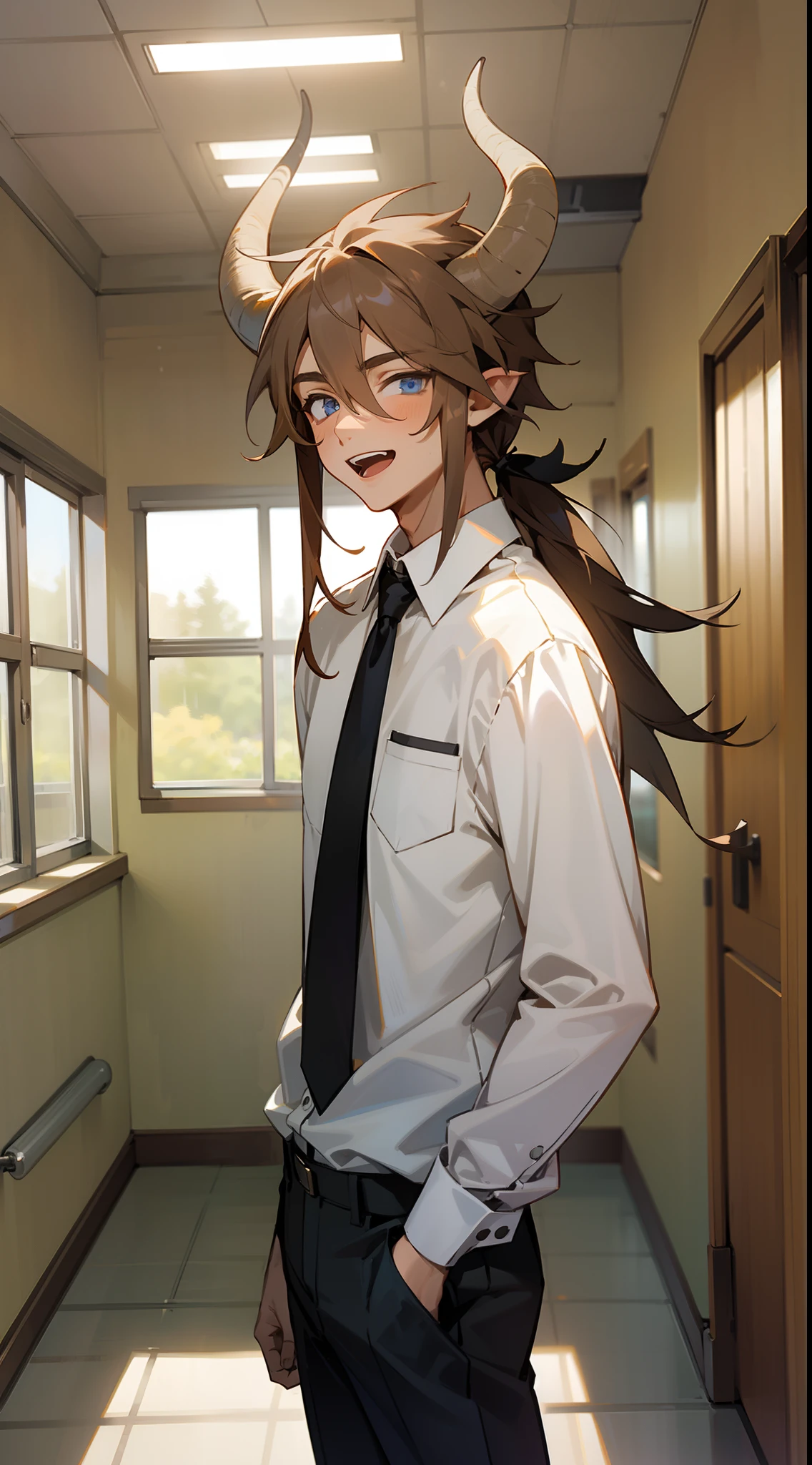 1teen boy,smile,open mouth,solo,white shirt,black tie,black pants,long hair,slim body,brown hair,blue eyes,horns,standing in a school hallway,cowboy shot