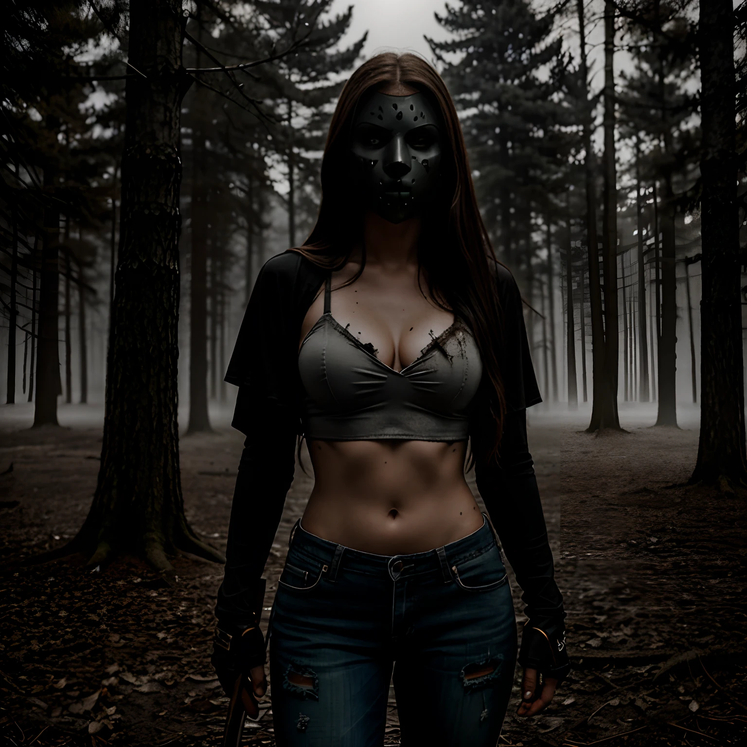 Generate a striking photograph of Autumn in her mid-20s, standing at approximately 5'4". She embodies a female version of Jason Voorhees from the Friday the 13th franchise. Her long, wavy chestnut hair cascades eerily over her shoulders, and her athletic hourglass figure, including her full bust, is cloaked in a sinister yet alluring manner. Her complexion is pallid, creating an eerie contrast with her dark attire.Cloaked in a gender-bent, menacing interpretation of Jason Voorhees' iconic attire, Autumn wears a tattered and blood-spattered hockey mask that conceals the upper part of her face. Her clothing consists of a weathered, blood-stained hockey jersey with the number 13, paired with distressed, dirt-covered jeans and heavy, mud-caked boots.The photoshoot takes place in a creepy, moonlit forest by the shores of Crystal Lake. The atmosphere is shrouded in fog, and the dim moonlight casts eerie shadows through the trees, creating a chilling ambiance.Autumn strikes poses that convey both malevolent power and eerie allure. She might menacingly wield a bloodied machete or axe, poised to strike, while her expressive brown eyes gleam malevolently through the eyeholes of the hockey mask. Her stance exudes a sinister confidence that captures the essence of Jason Voorhees.Intense look and makeup, asymmetrical mask design, photorealistic, moonlit lighting, ominous fog, reflective machete/axe blade, visible gore and bloodstains, chilling shadows, intricate, elaborate, hyper-realistic.