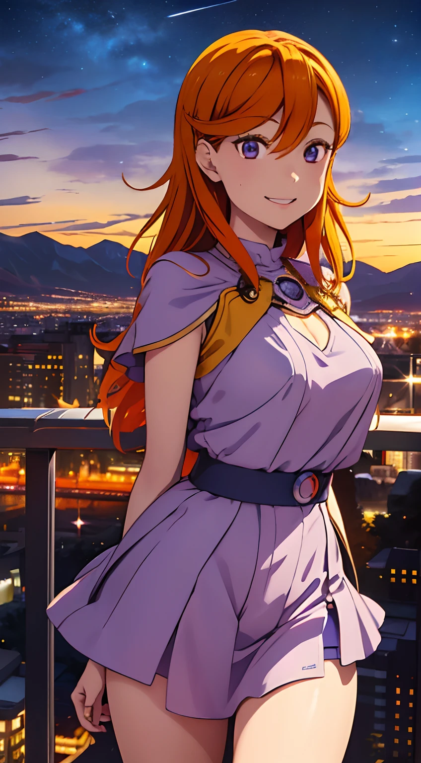 Masterpiece, top quality, 1 anime girl, Beautiful view , orange hair, purple eyes ,  on the Mountain  , Beautiful city view as background , super detail, 4k wallpaper , Beautiful smile , Beautiful night sky, Wearing Mecha armor ((Gundam)),full view, detail face