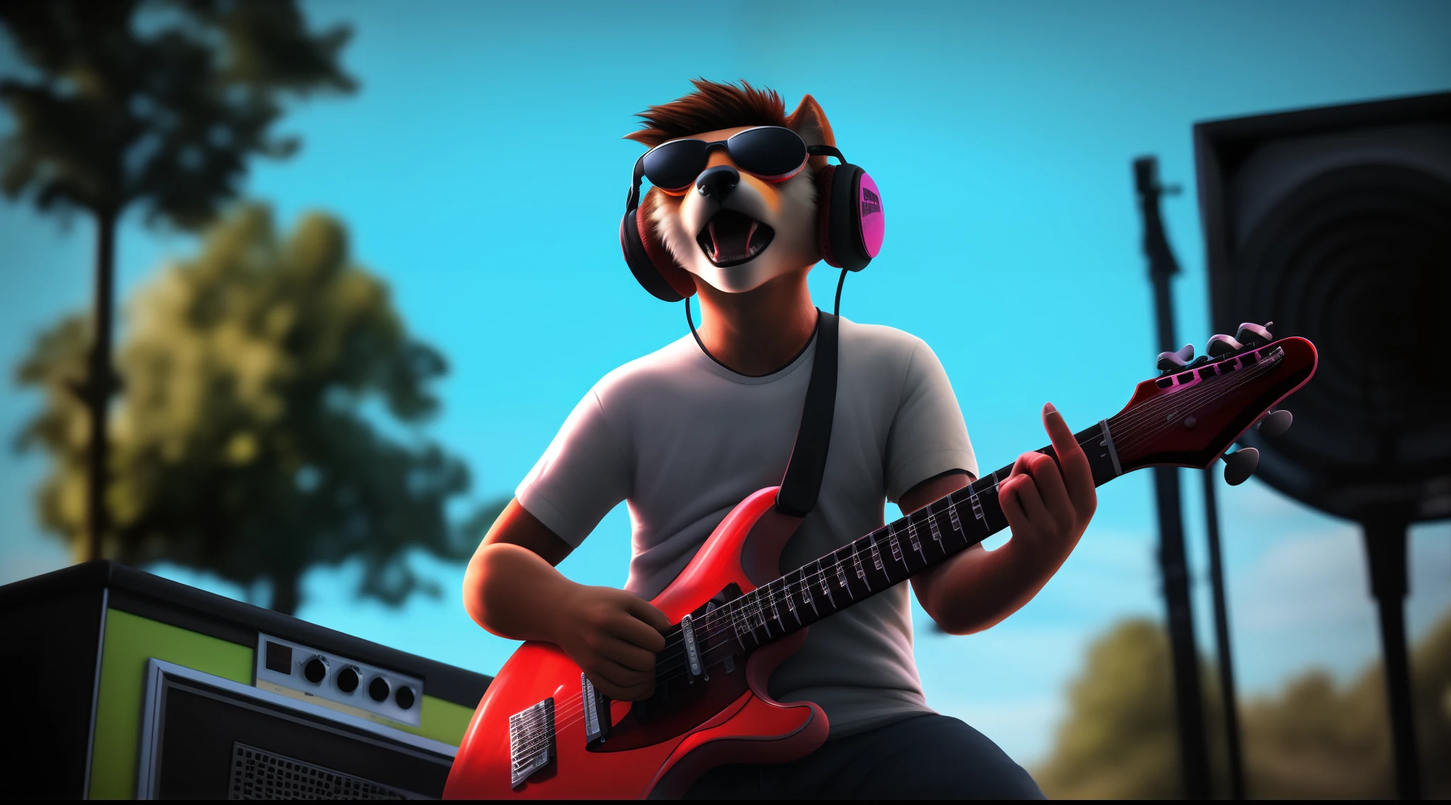 (best quality,4k, highres, masterpiece:1.2), ultra-detailed, realistic:1.37, vibrant colors, HDR, Xbox series x, 3D graphics, furry, male character, wearing sunglasses, playing guitar, outdoor setting, headphones, rocking out.