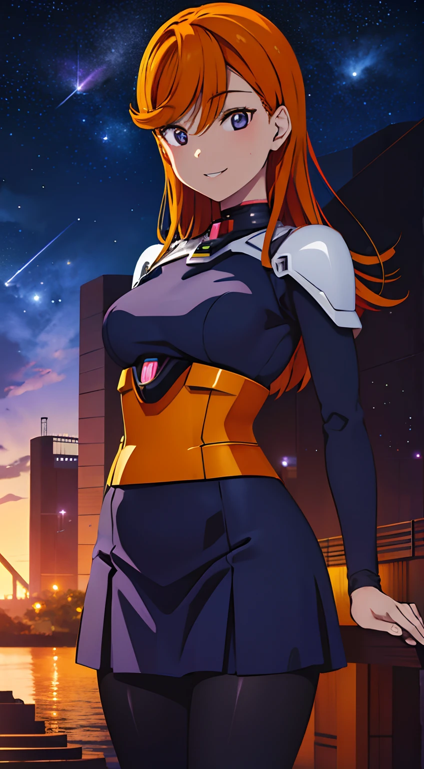 Masterpiece, top quality, 1 anime girl, Beautiful view , orange hair, purple eyes , on the space , earth view as background , super detail, 4k wallpaper , Beautiful smile ,black pupils, Beautiful night sky, Wearing Mecha armor ((Gundam)),full view, detail face