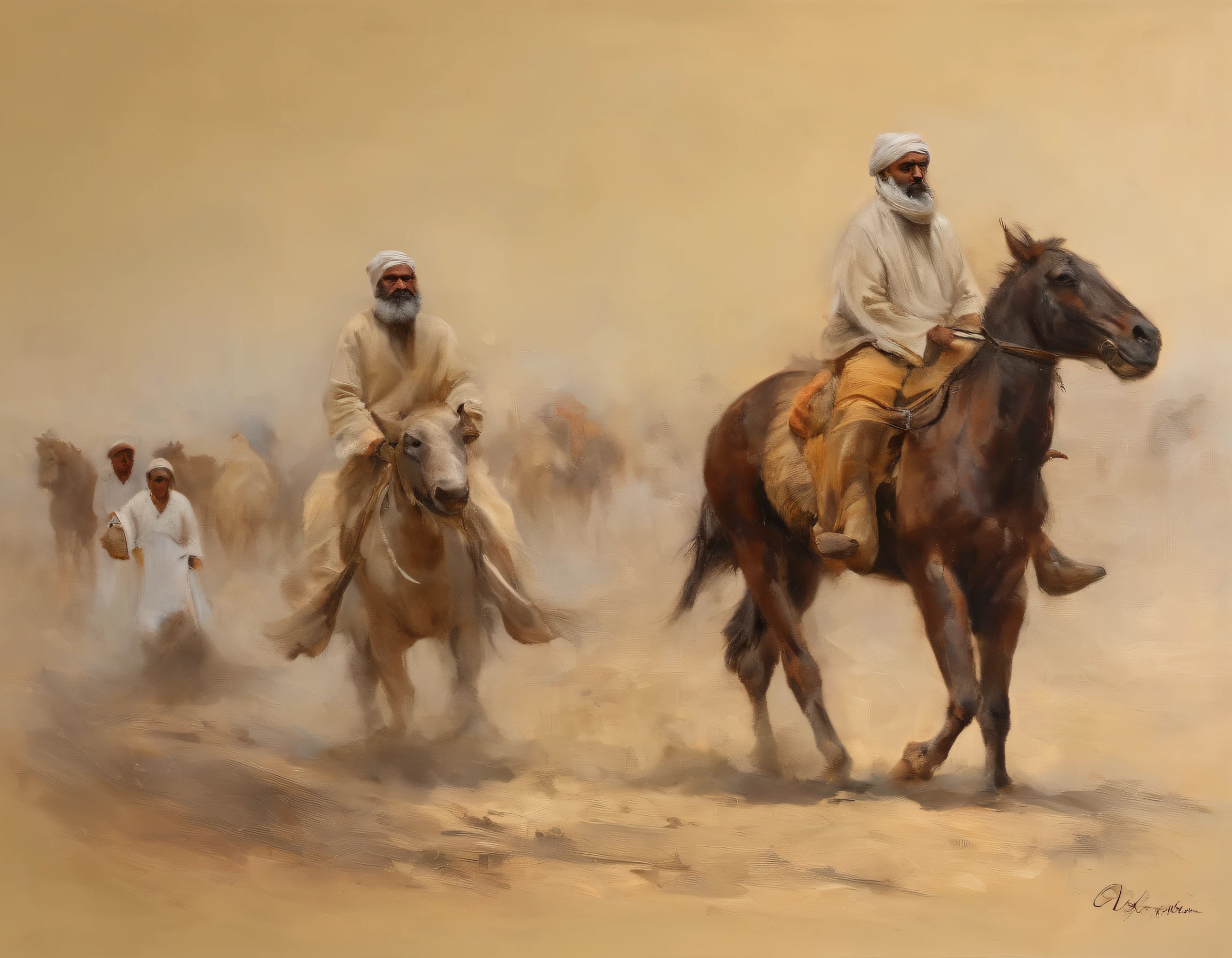 Un, musulman, Porter le beige Kondura, Desert background, Palmiers, right left side, Cris, Visage heureux, high resolucion, Ultranet, 8k, looking at the right side, Progression in the elderly, Couleur sephia, barbu gris