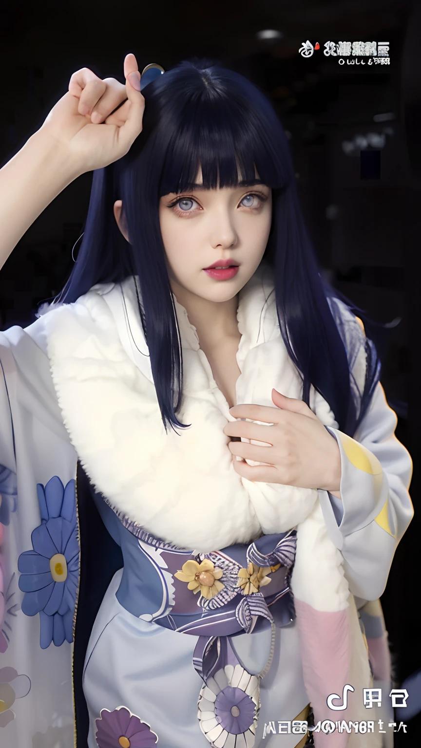 a close up of a person with long hair and a hoodie, hinata hyuga, hinata hyuga from naruto, from naruto, as an anime character, perfect anime face, she has dark blue hair with bangs, female anime character, anime character, anime best girl, hime cut hairstyle, dark blue hair, (red glossy lips:1.3), light purple eyes, big breasts, realistic, ultra detail, indoor background
