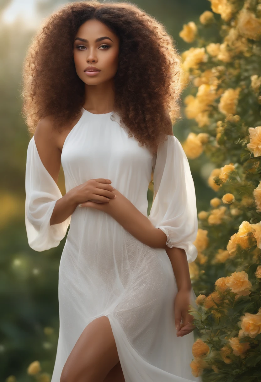 beautiful mulatto girl with a toned body, completely naked and appearing to be 18 years old, (best quality, 4k, highres, masterpiece:1.2), (ultra-detailed, realistic:1.37), detailed face and body, long curly hair, stunning facial features, glowing skin, captivating expression, confident posture, in a vibrant garden scene, surrounded by blooming flowers, with soft natural light illuminating her, with a touch of magical fantasy, in a fine art painting style.