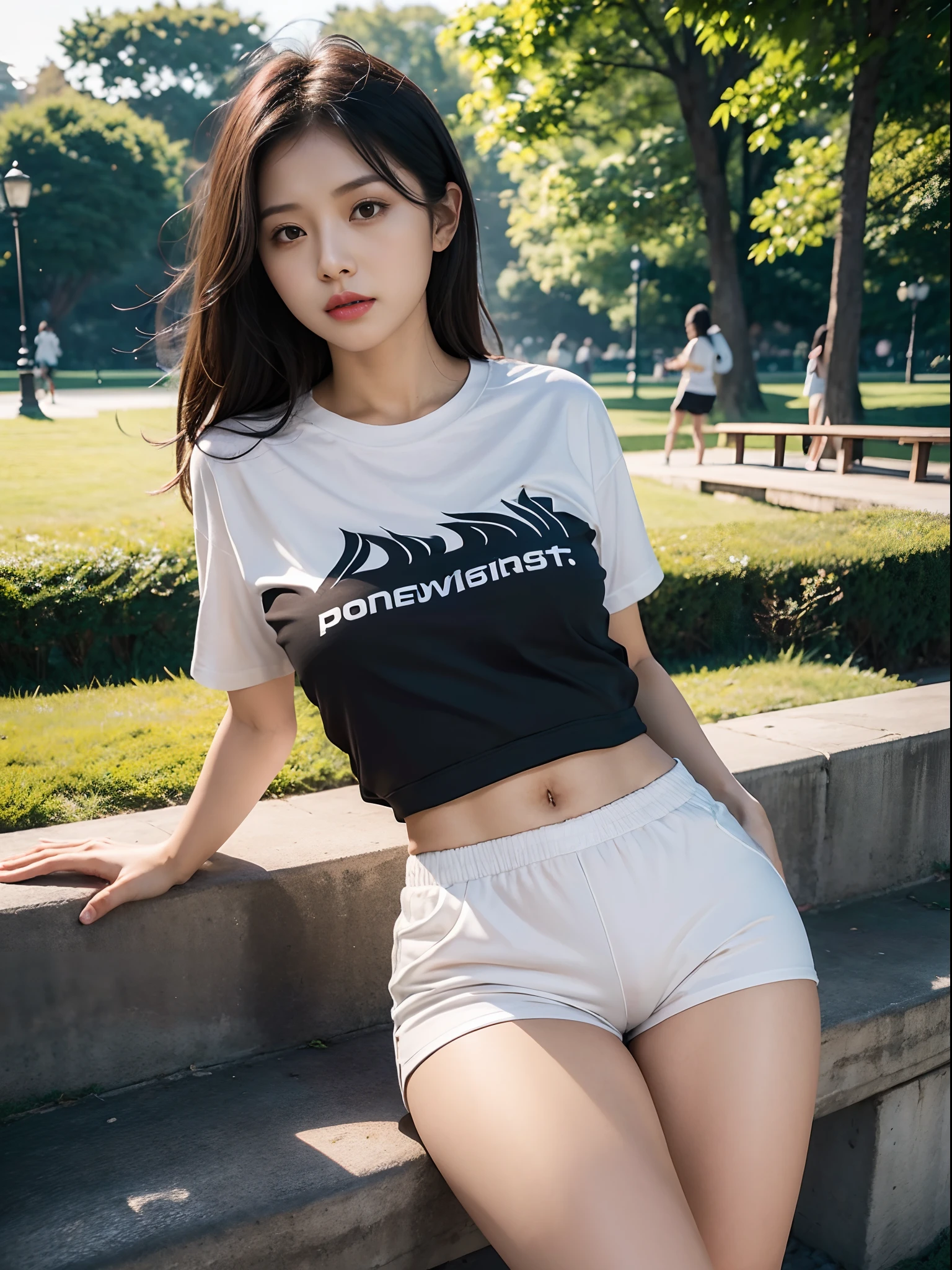 beautiful woman sleeping in t-shirt, tight shorts, tracksuit, shorts, white skin, asian, black hair, in the park, open crotch, underpants, pantis, hot pants, panties