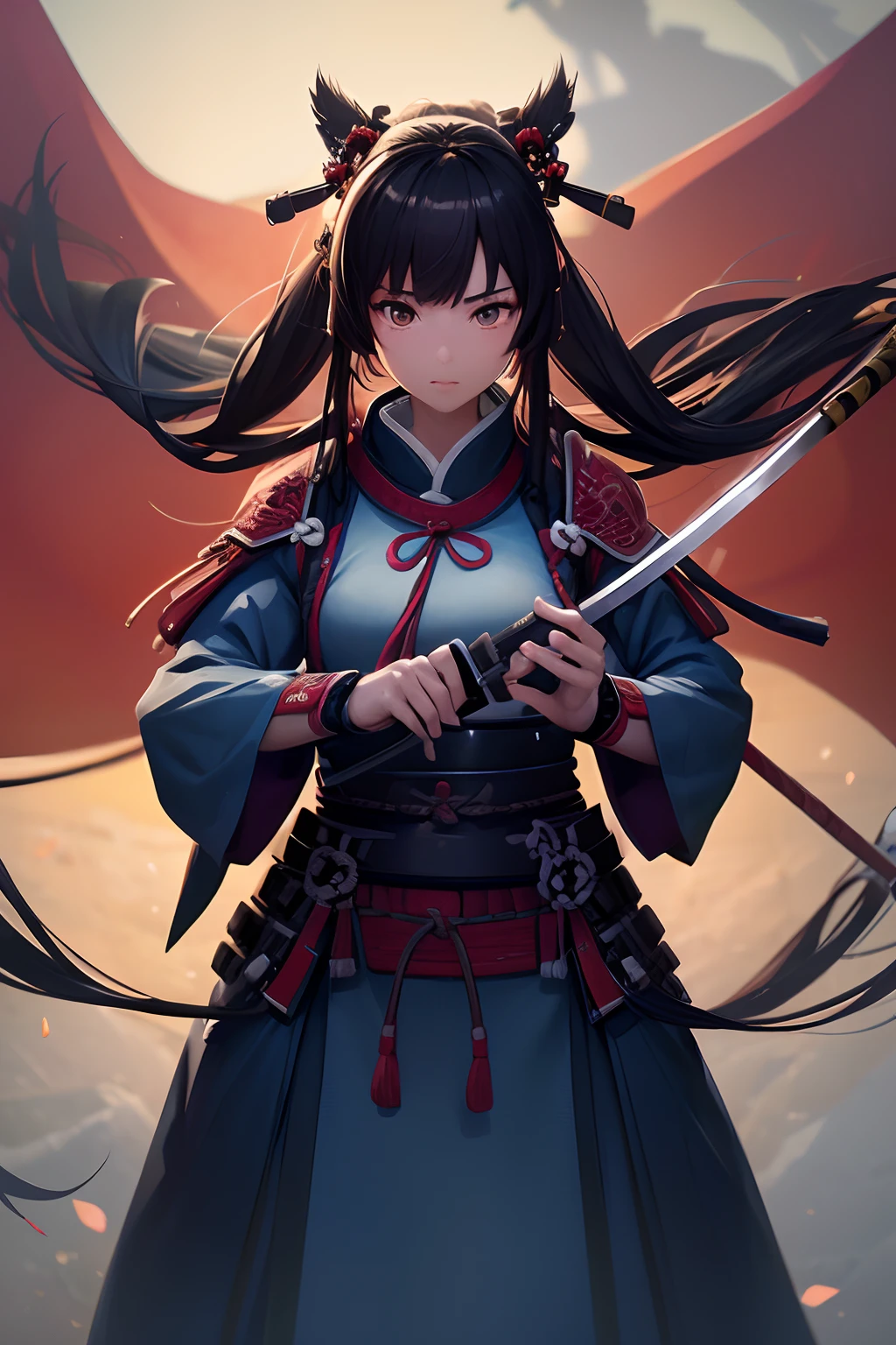 Beautiful female samurai of the Warring States period、Woman with semi-long hair、Samurai's Idetouch、Samurai Pose、Big sword、、The appearance of the samurai、Computer Graphics Art、。.。.。.。.。.。.。.。.。.。.。.。.。.3D、hight resolution、top-quality、The upper part of the body、8K Character Concept、32K、pixiv、illustratio、 ultra-detailliert、hyperdetailed face、Megapixel、 Ultra High Definition HDR、Clair、Overdecoration