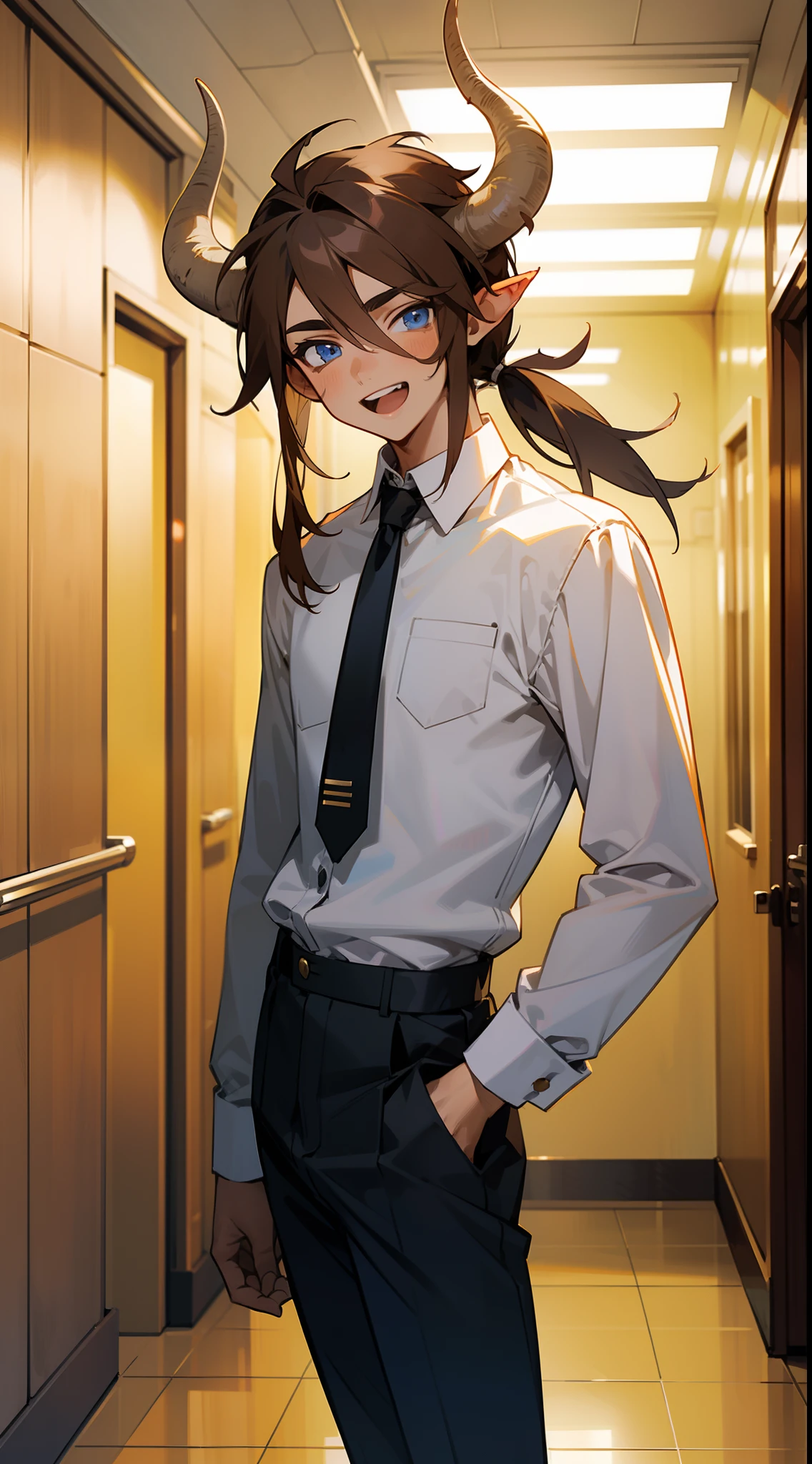 1teen boy,smile,open mouth,solo,white shirt,black tie,black pants,long hair,slim body,(brown hair),blue eyes,horns,standing in a school hallway,cowboy shot