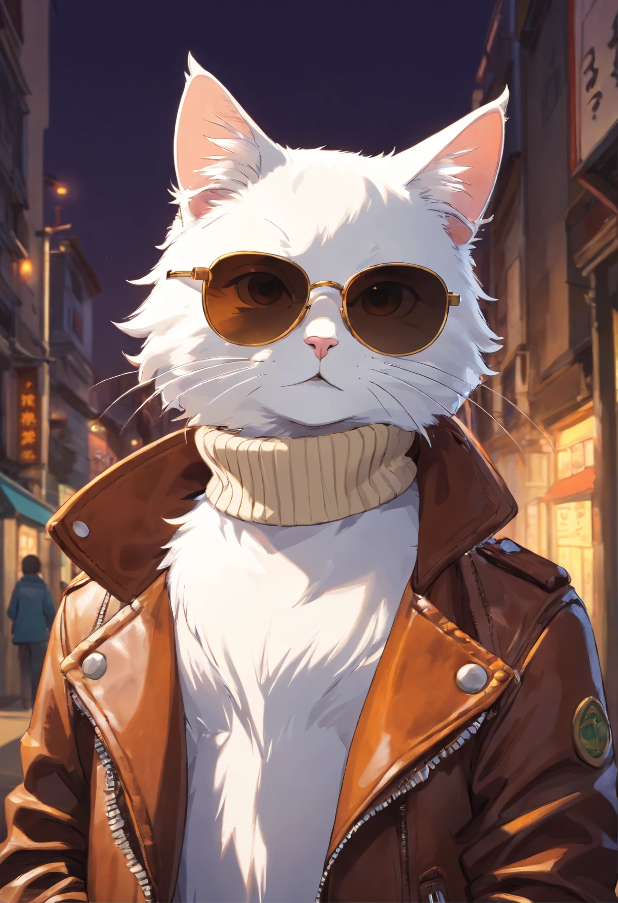 Humanoid white cat wearing aviator sunglasses and a dark brown leather jacket