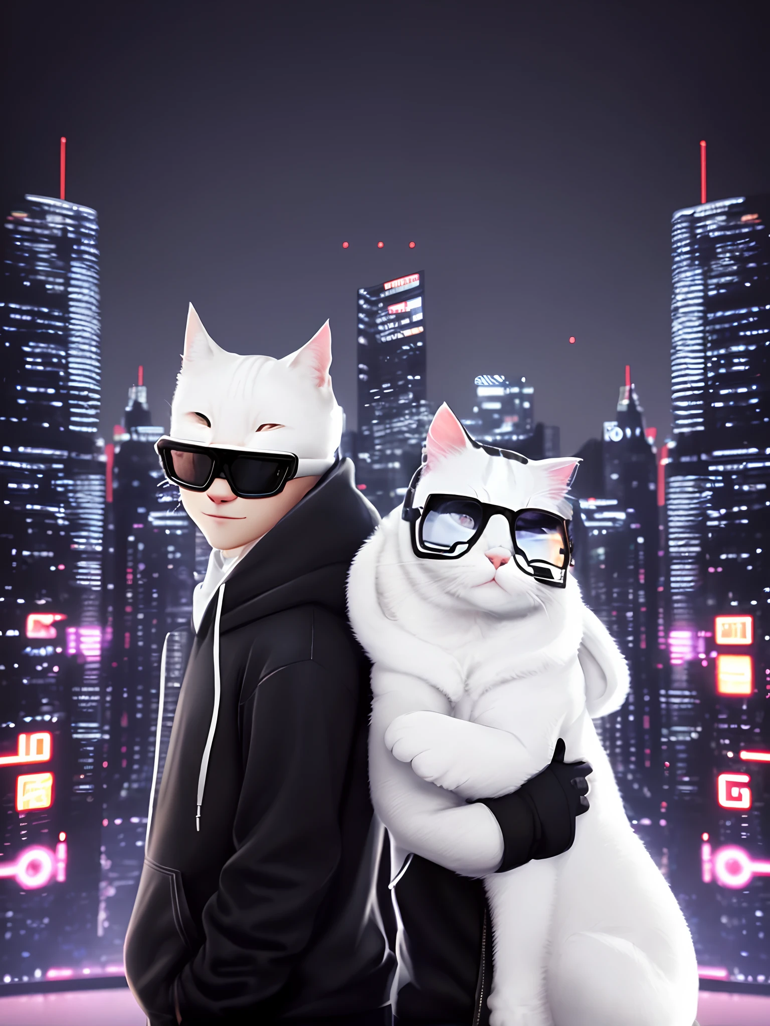 Mammal, white cat wearing black hoodie, and black glasses covering his eyes, smile, and a partner female cat standing beside, cyberpunk background, black meme glasses, no transparent glass, wearing black glasses, remove the cat