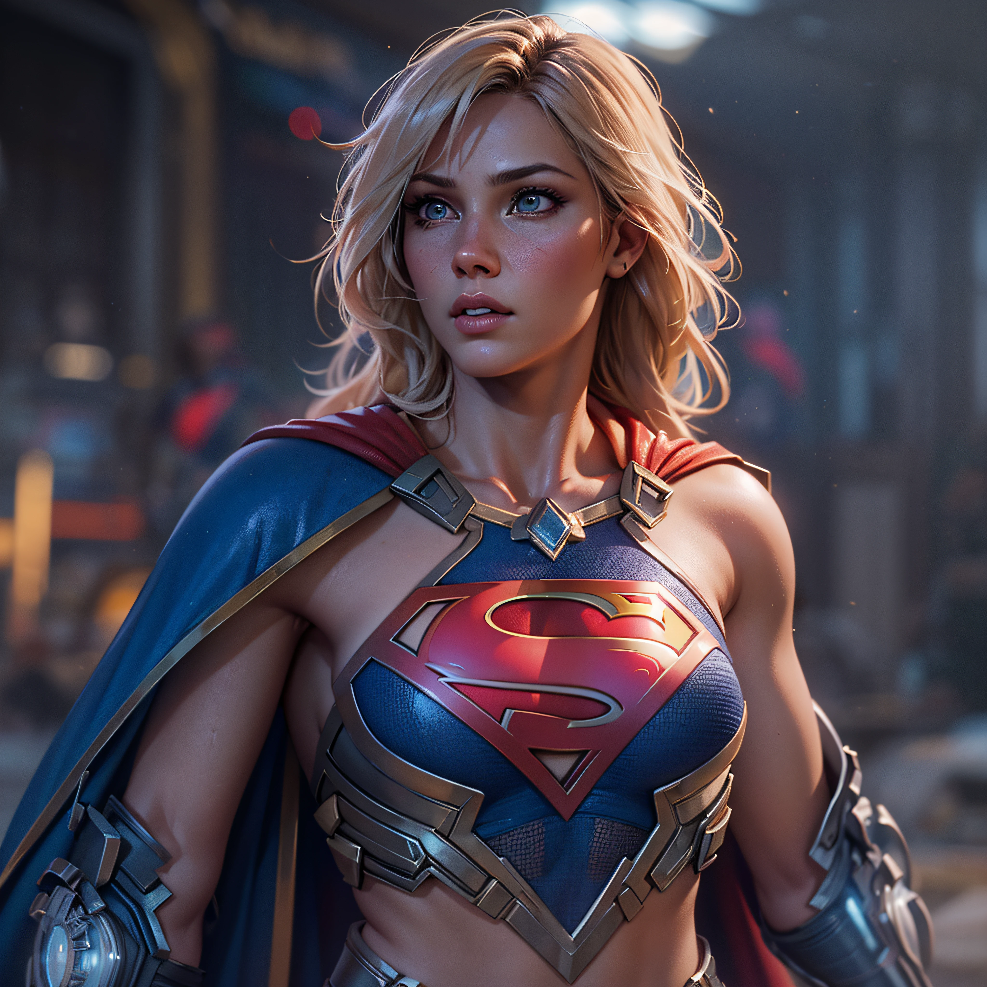 Warrior Supergirl, intricate, hyper-maximalist, elegant, hyper realistic, epic high details, full details, high resolution, dynamic slight blue lighting, rendering, realism, Photo-realistic, ultra realistic, octane render, unreal engine, hyper detailed, volumetric lighting, 8k reality, cinematic