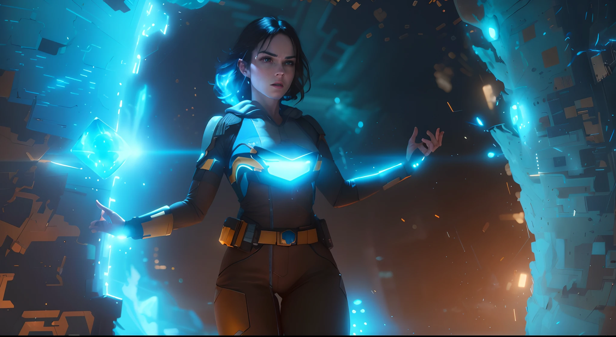 Hot Sci fi action of Daisy Ridley using blue energy powers photography, natural light, photorealism, cinematic rendering, ray tracing, the highest quality, the highest detail, Cinematic, Third-Person View, Blur Effect, Long Exposure, 8K, Ultra-HD, Natural Lighting, Moody Lighting, Cinematic Lighting