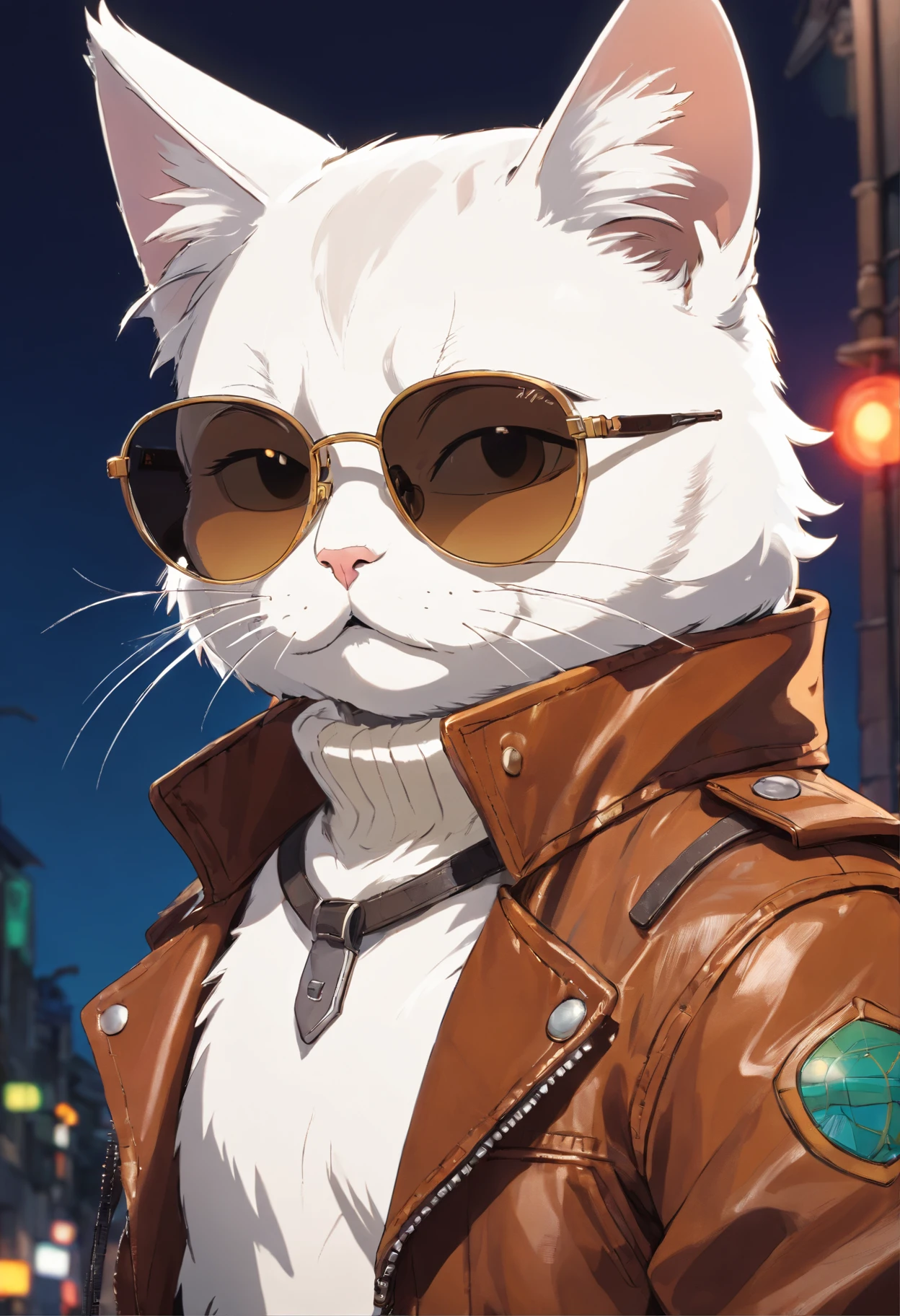 Humanoid white cat wearing aviator sunglasses and a dark brown leather jacket
