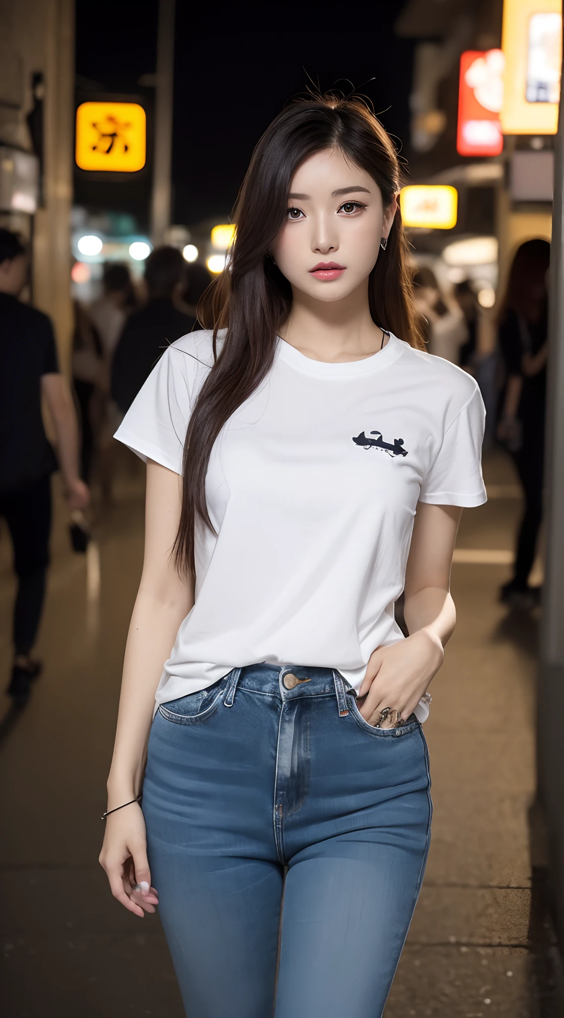 (((Top image quality、8K、1人の女性)))、((Beautie、Beautuful Women、cute little))、Random attire、Random Poses、natta、Streets of Tokyo、modeled、独奏、nightcity、Stylish clothes、Fashionable clothes、natural make up、White short-sleeved T-shirt、damage denim、japanes