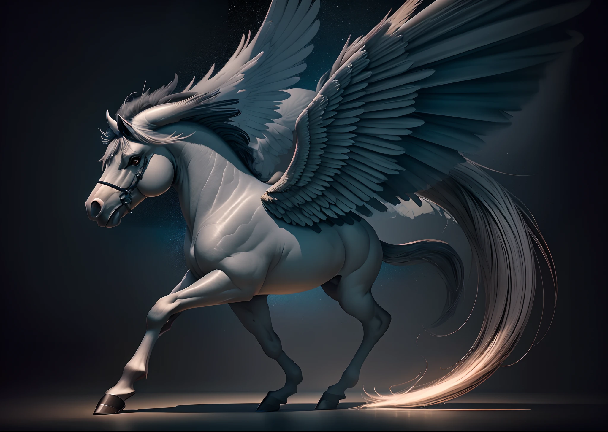 "black pegasus, cute, reference lighting, mirrored floor, light and smooth moving pegasus, cute, high-quality 4k rendering, detailed, vivid colors, bokeh, portrait style, warm and vibrant tones" --auto --s2