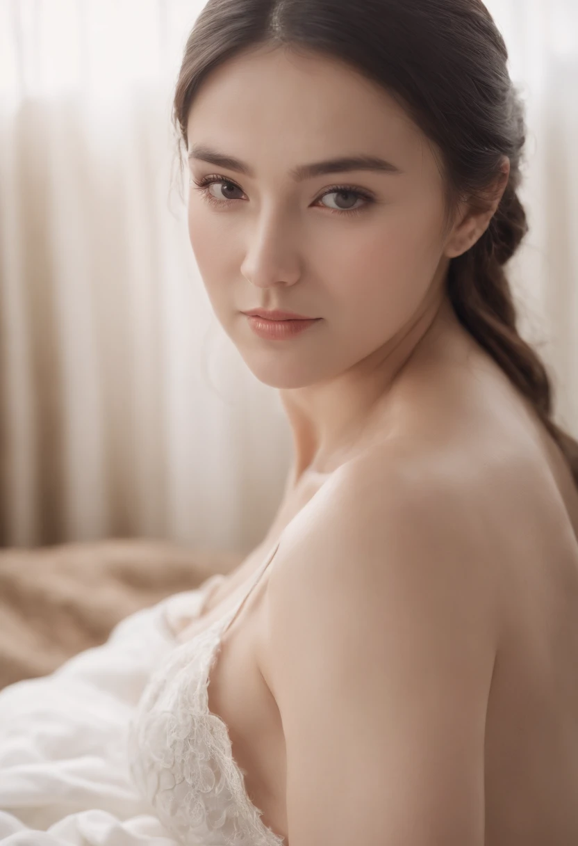Beauty, Hidden Face, 1 Girl, Beauty: 1.3, Slender Abs: 1.1, Long Brunette Hair, (Sitting on the Bed), Ultra-detailed Face, Highly Detailed Lips, Detailed Eyes, Double Eyelids, protruding nipples leaking milk