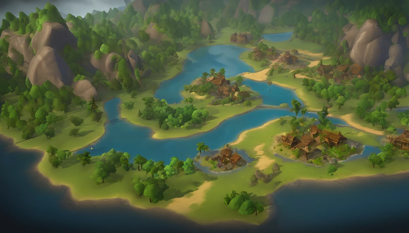 This map is a diverse game world，It is full of different geographical features and ecosystems。Players will discover goblin ore as they explore、Wildfire tribes and river valley wetlands are interesting places。