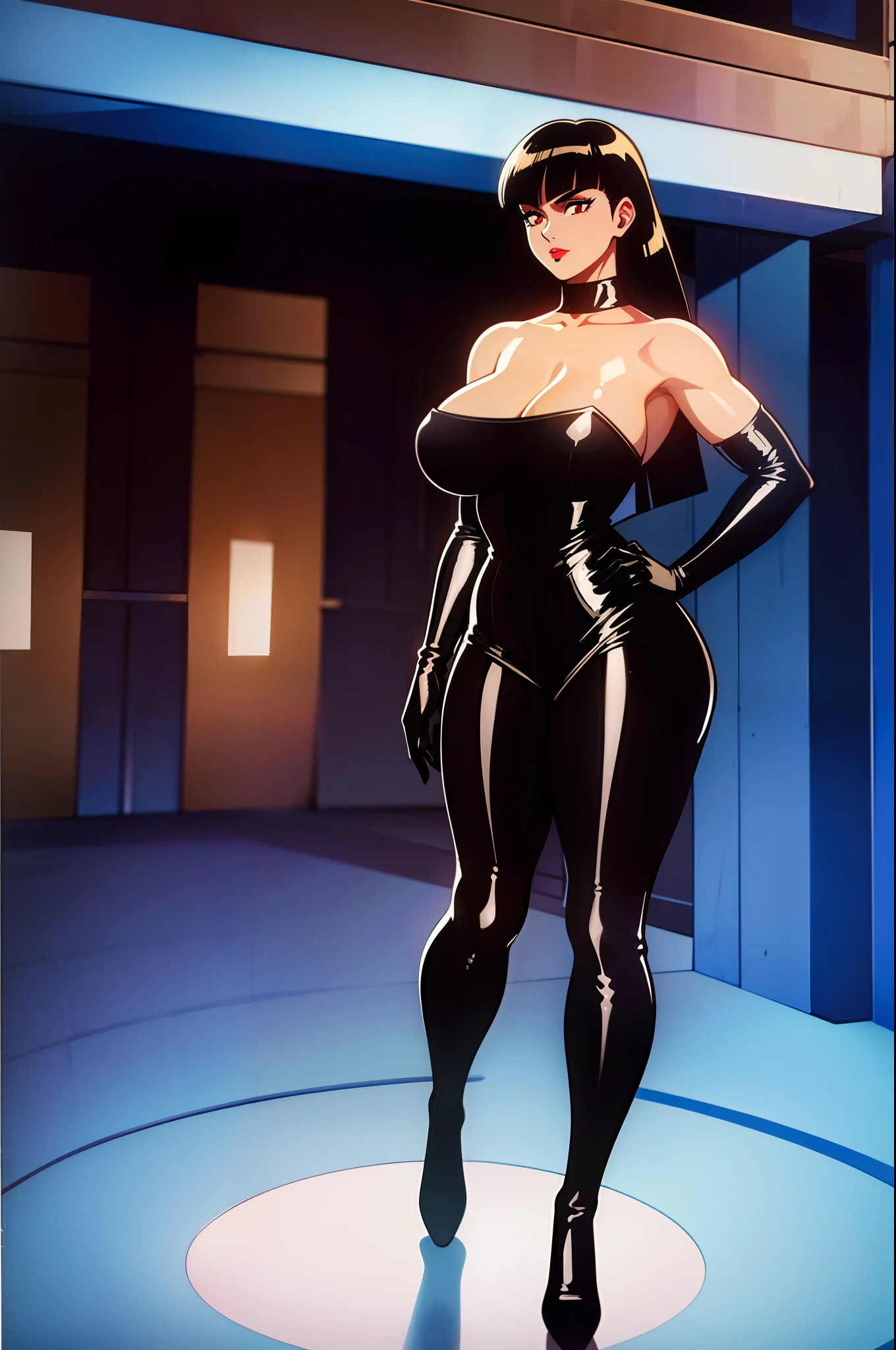 retro artstyle, Nastasha Volstov, from Gold Digger Comic, Character, By Fred Perry, Vampire, black hair, red eyes, pony tail, blunt bangs, red lipstick, ((black bodysuit dress)), pronounced feminine features, (red lips:0.8), busty, large breasts, off shoulder black dress:1.1,cleavage, elbow gloves, scowl, detailed background, Standing, emerging from blue portal into modern living room, centered, Full body Portrait, best quality, masterpiece, large breasts, thick thighs, thick hips, thin waist, solo curvy ((muscular))