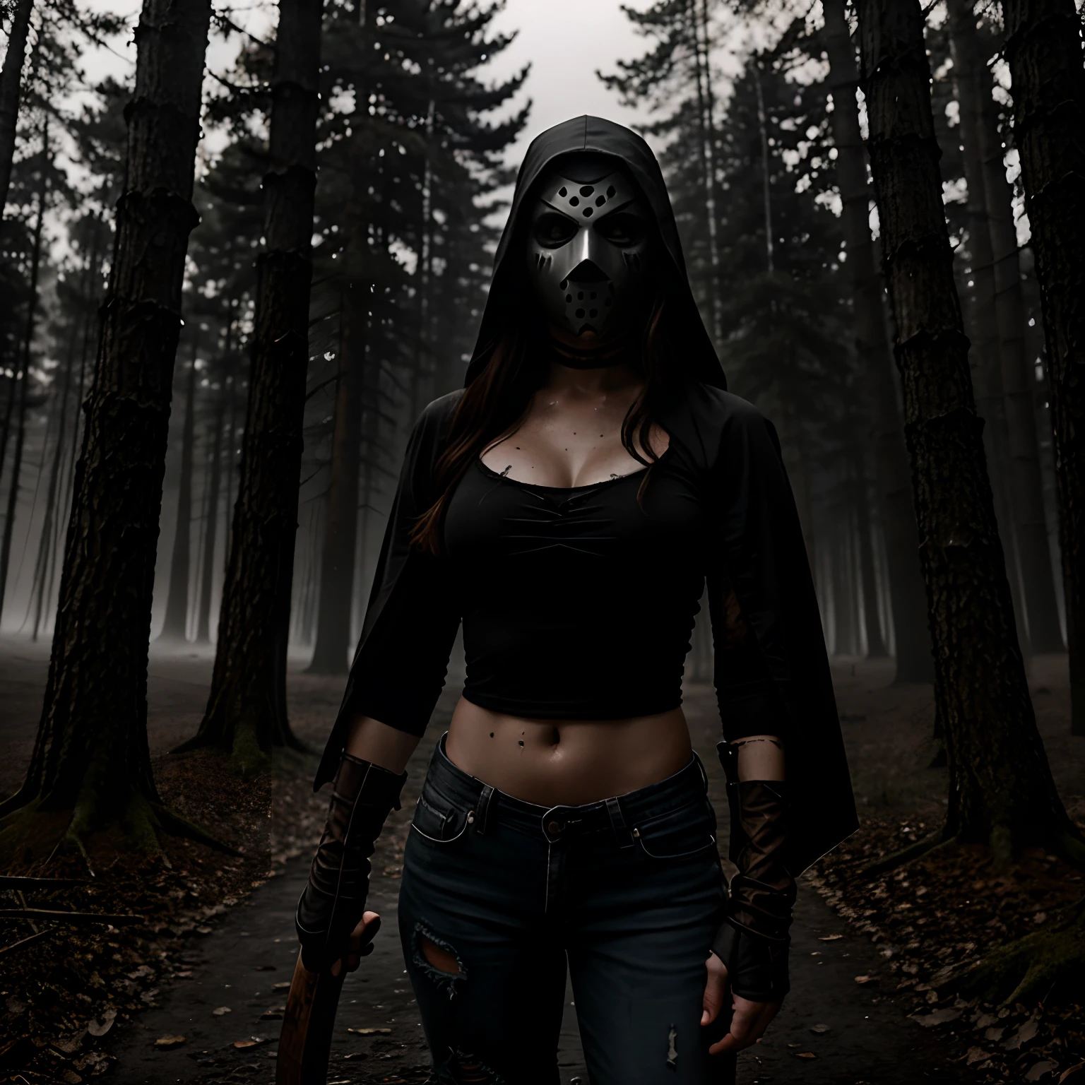 Generate a striking photograph of Autumn in her mid-20s, standing at approximately 5'4". She embodies a female version of Jason Voorhees from the Friday the 13th franchise. Her long, wavy chestnut hair cascades eerily over her shoulders, and her athletic hourglass figure, including her full bust, is cloaked in a sinister yet alluring manner. Her complexion is pallid, creating an eerie contrast with her dark attire.Cloaked in a gender-bent, menacing interpretation of Jason Voorhees' iconic attire, Autumn wears a tattered and blood-spattered hockey mask that conceals the upper part of her face. Her clothing consists of a weathered, blood-stained hockey jersey with the number 13, paired with distressed, dirt-covered jeans and heavy, mud-caked boots.The photoshoot takes place in a creepy, moonlit forest by the shores of Crystal Lake. The atmosphere is shrouded in fog, and the dim moonlight casts eerie shadows through the trees, creating a chilling ambiance.Autumn strikes poses that convey both malevolent power and eerie allure. She might menacingly wield a bloodied machete or axe, poised to strike, while her expressive brown eyes gleam malevolently through the eyeholes of the hockey mask. Her stance exudes a sinister confidence that captures the essence of Jason Voorhees.Intense look and makeup, asymmetrical mask design, photorealistic, moonlit lighting, ominous fog, reflective machete/axe blade, visible gore and bloodstains, chilling shadows, intricate, elaborate, hyper-realistic.