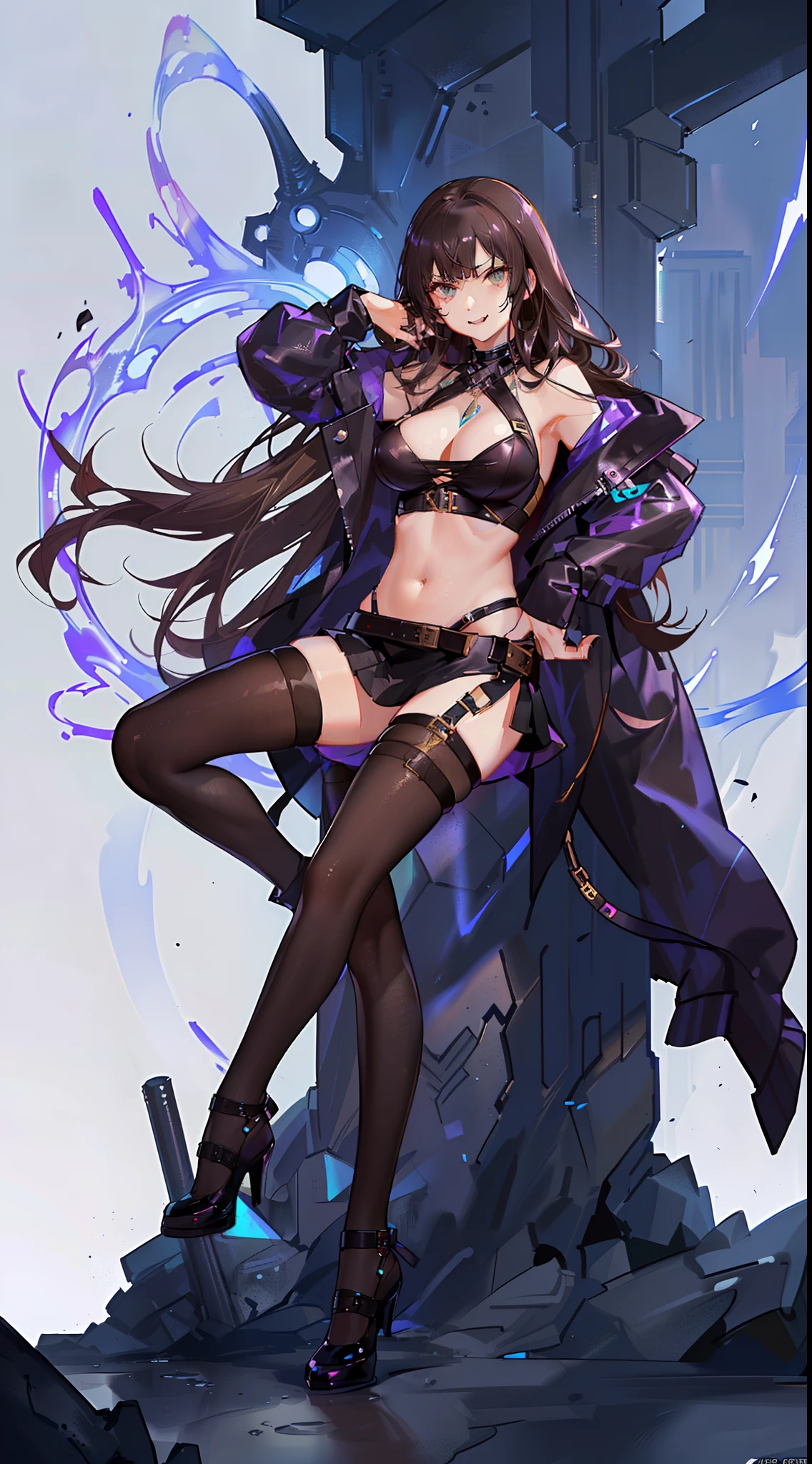 A girl, Long brown hair, Heteroromy, left violet eye, Right Golden Eye, Turquoise cyberpunk top, leather jacket, Upskirt, open belly, open breasts, large breasts, smirk, tooth, fangs, claws, hiquality, 4k, HD, Good detail