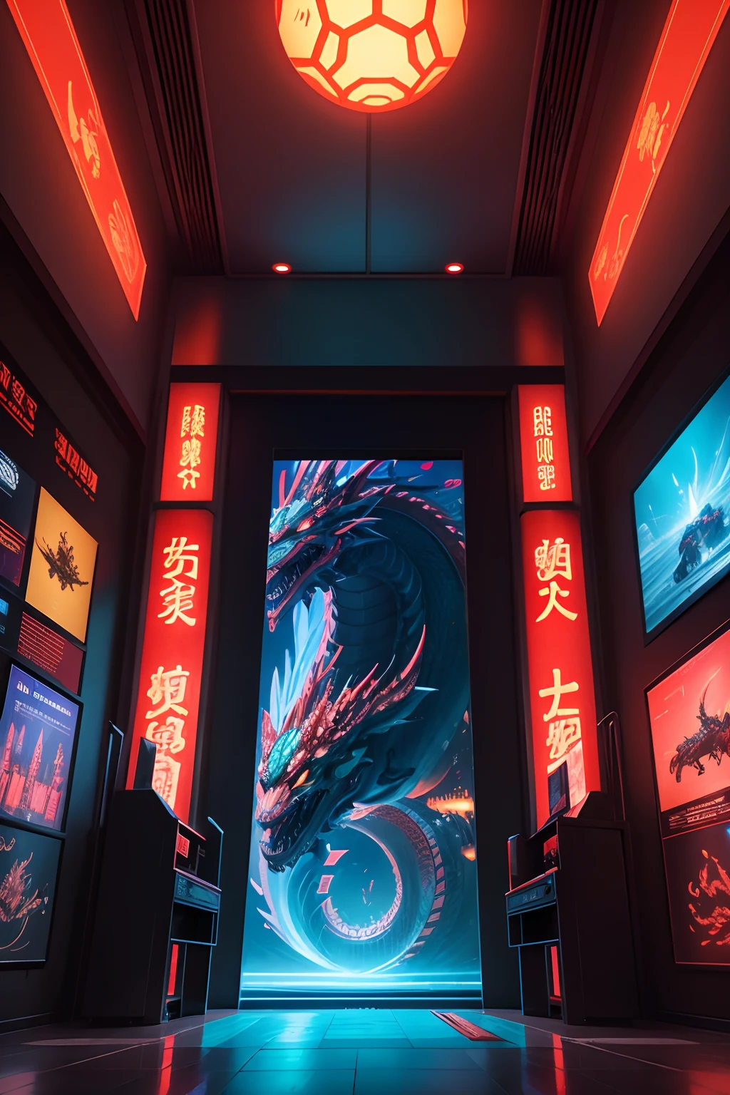 Oriental Cyberpunk Exhibition Hall, a Chinese Dragon, simple high - tech booth, Futurism, holographic projection, digital art, advertising poster style, Epic cinematic, National Geographic photograph, amazing lighting