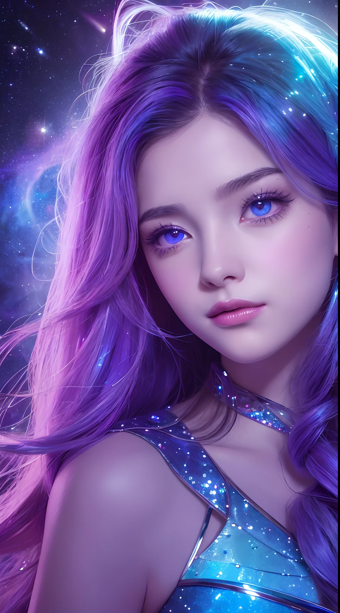 Background: Mysterious quantum environment, Cosmic elements and ethereal atmosphere,A mix of bright lights and colorful nebulae. Theme: A mysterious girl with a magical aura. She has long, Colorful wavy curls, The shiny hair stands out. His eyes are deep and expressive, Reflection Universe. She wore a flowing dress in purple and blue, With intricate details and mysterious textures. Color Palette: A combination of mysterious shades such as cosmic purple, Sky blue, Soft pink and a touch of gold. Create contrasts, Increase depth, Dark color, Such as dark purple or night blue. Aesthetics: The aesthetic combines elements of Mistycore, Known for its mysterious and ethereal atmosphere, and crystal cores, With its crystal clarity and sparkling details. The girl exudes magical energy,Her presence hangs over her,mesmerising. Covered with: Keep subtle glowing effects and glitter overlays around the girl, Covered with: Add a soft glow effect around the girl and crystal, It seems to exude magic. Also, Add small details of flash Enhance the ethereal atmosphere, whole body capture.(Beautiful and detailed eye description),motor irreal:1.4,UHD,La mejor calidad:1.4, (fotorrealista:1.4),( textura de la piel:1.4), (obra maestra:1.8)