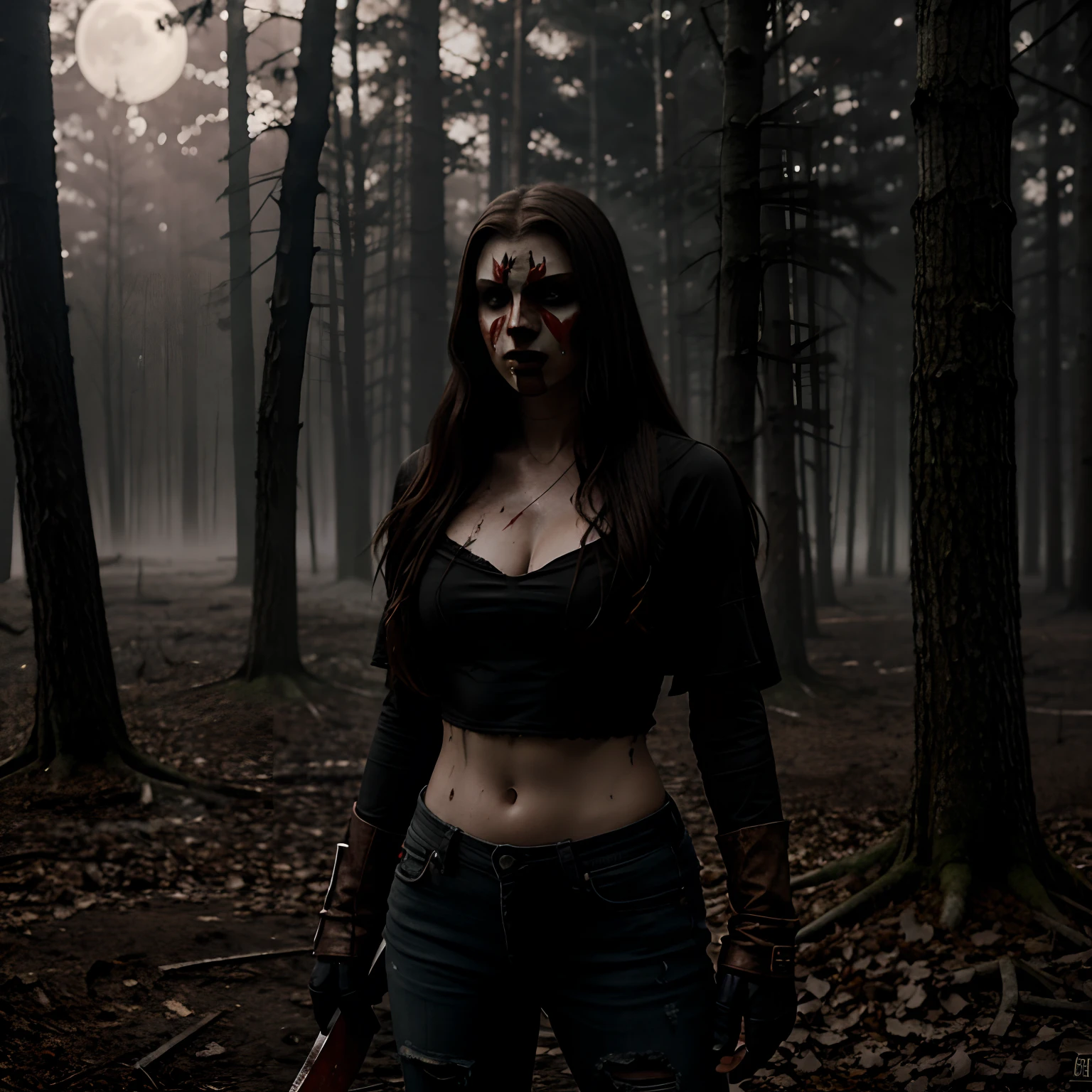 Generate a striking photograph of Autumn in her mid-20s, standing at approximately 5'4". She embodies a female version of Jason Voorhees from the Friday the 13th franchise. Her long, wavy chestnut hair cascades eerily over her shoulders, and her athletic hourglass figure, including her full bust, is cloaked in a sinister yet alluring manner. Her complexion is pallid, creating an eerie contrast with her dark attire.Cloaked in a gender-bent, menacing interpretation of Jason Voorhees' iconic attire, Autumn wears a tattered and blood-spattered hockey mask that conceals the upper part of her face. Her clothing consists of a weathered, blood-stained hockey jersey with the number 13, paired with distressed, dirt-covered jeans and heavy, mud-caked boots.The photoshoot takes place in a creepy, moonlit forest by the shores of Crystal Lake. The atmosphere is shrouded in fog, and the dim moonlight casts eerie shadows through the trees, creating a chilling ambiance.Autumn strikes poses that convey both malevolent power and eerie allure. She might menacingly wield a bloodied machete or axe, poised to strike, while her expressive brown eyes gleam malevolently through the eyeholes of the hockey mask. Her stance exudes a sinister confidence that captures the essence of Jason Voorhees.Intense look and makeup, asymmetrical mask design, photorealistic, moonlit lighting, ominous fog, reflective machete/axe blade, visible gore and bloodstains, chilling shadows, intricate, elaborate, hyper-realistic.