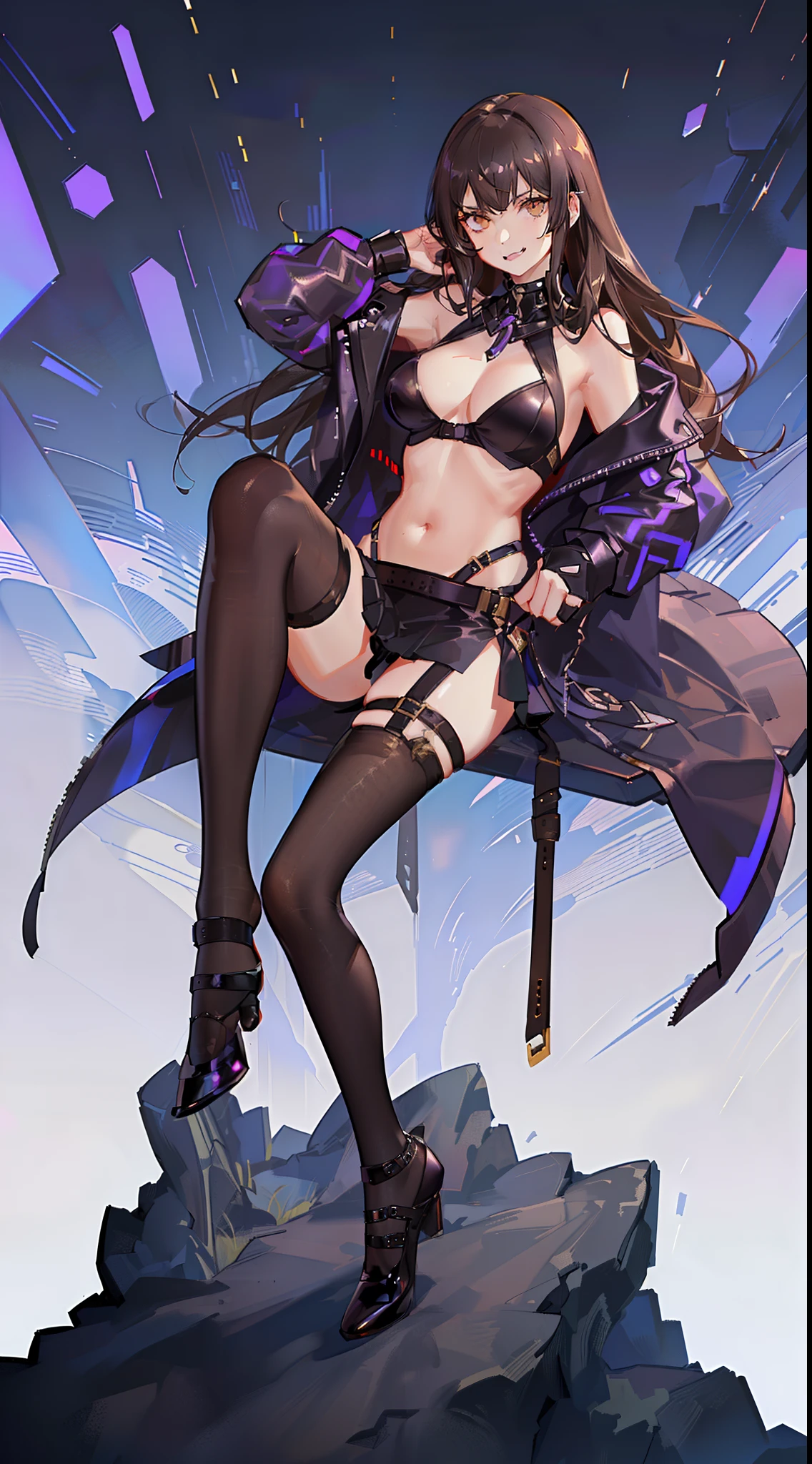 A  girl, Long brown hair, Heteroromy, left violet eye, Right Golden Eye, Turquoise cyberpunk top, leather jacket, Upskirt, open belly, open breasts, large breasts, smirk, tooth, fangs, claws, hiquality, 4k, HD, Good detail