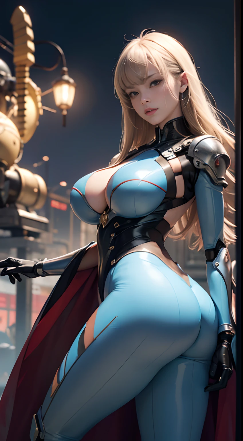 Katsuhiro Otomo, Masamune Shirow, Frank Pape, Jean Giraud, Japanese anime,Mechanical girl, sweet beautiful face, perfect body style, part mechanical skin, mechanical joints. Tubes attached to her body, thin skintight, voluminous body, front angled, emphasize curves and shapes of body, hyper detailed, high resolution definition quality masterpiece, depth of field, focus. Cinematic lighting, large tits tight large ass sexy erotic