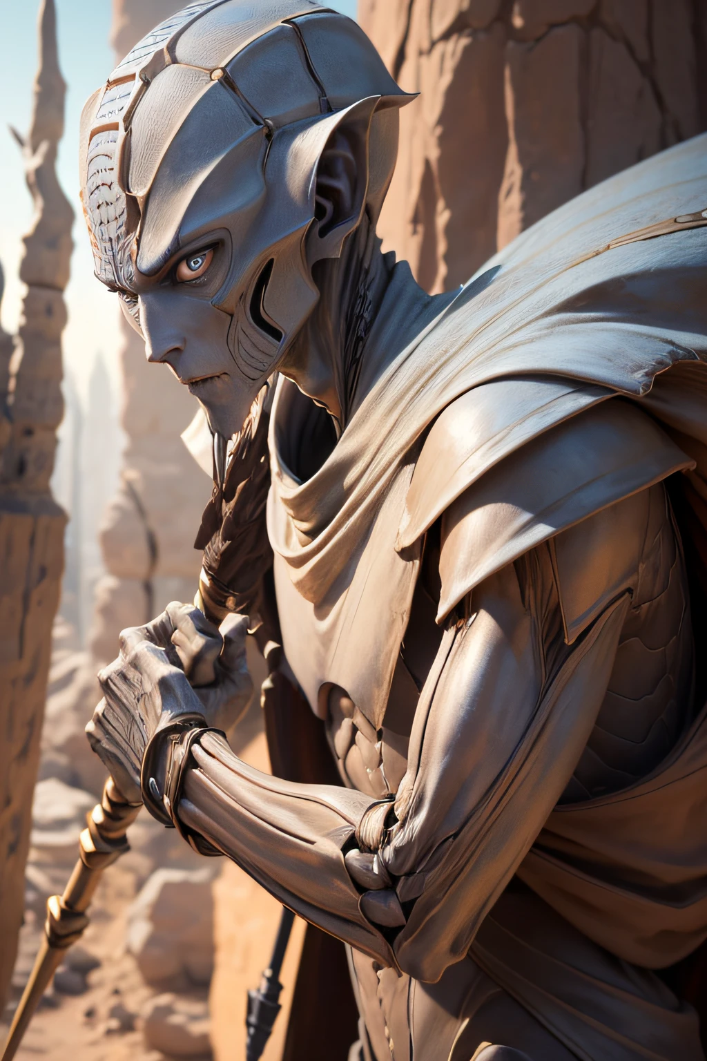 A tall slender humanoid insectoid with four arms. Holding a spear and wearing a bandelier backpack. light brown skin, Carapace armor (masterpiece, best quality), (blue eyes), (perfect hands), (Hyper realistic:1.6), ((detailed face)), ((award-winning)), (Sharp,) (8k resolution,) (Cinematic lighting), (Eye contact),
