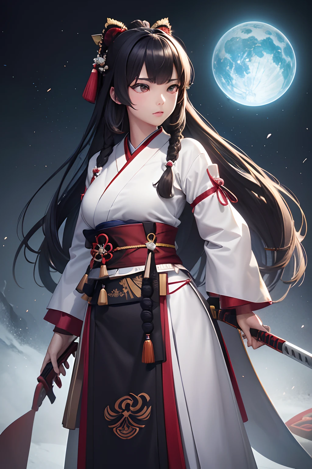 Beautiful female samurai of the Warring States period、Woman with semi-long hair、Samurai's Idetouch、Samurai Pose、Big sword、、gazing at viewer、The appearance of the samurai、Computer Graphics Art、。.。.。.。.。.。.。.。.。.。.。.。.。.。.。.。.3D、hight resolution、top-quality、The upper part of the body、8K Character Concept、32K、pixiv、illustratio、 ultra-detailliert、hyperdetailed face、Megapixel、 Ultra High Definition HDR、Clair、Overdecoration