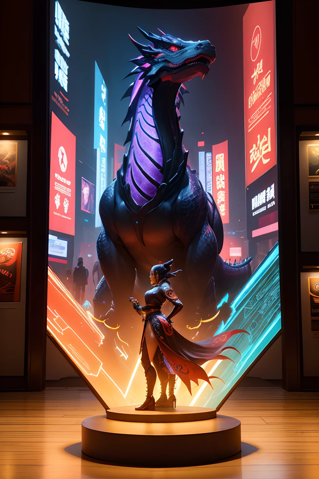 Exhibition Hall "Oriental Cyberpunk", China Dragon, Simple high-tech stand, Futurism, Holographic projection, Digital Art, Advertising poster style, epic cinematic, Фотография National Geographic, Amazing lighting