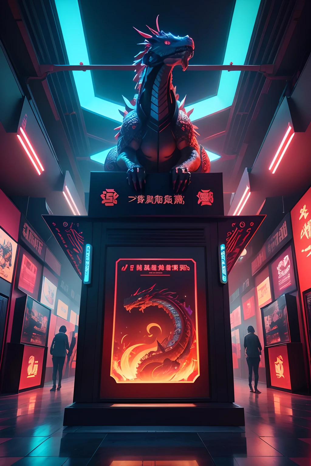 Exhibition Hall "Oriental Cyberpunk", China Dragon, Simple high-tech stand, Futurism, Holographic projection, Digital Art, Advertising poster style, epic cinematic, Фотография National Geographic, Amazing lighting