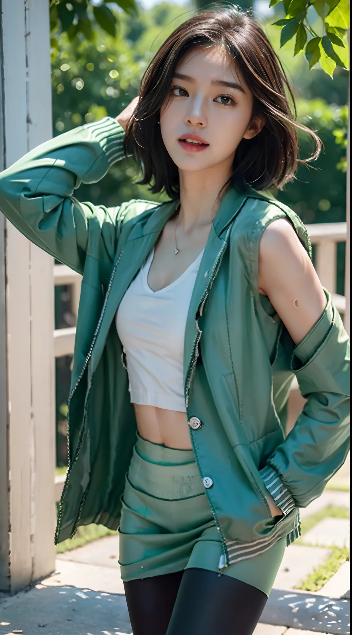 (Small underboob,Tomboyish,small heads)), (perfect bodies: 1.1), (shoulder length straight  black short hair: 1.2),attractive collarbone，（极其细致的CG 8k壁纸），（Extremely refined and beautiful），（masterpiece），（best qualtiy：1.0），（超高分辨率：1.0）,[A high resolution]，cheerfulness，smile，Smooth and flawless fair skin，ultra - detailed ，Elongated legs，（Small breasts:1.1),Flat chest,underboob,Slim，emaciated，(green sports jacket:1.5),(green damaged pantyhose:1.4),White sneakers,autumn, in residential areas,high-rise residential buildings,in garden,on path,(running:1.5),(Hair flying:1.3),midday sunlight,(open mouth:1.2) ,(female orgasmic:1.3), (blush:1.3),(sweat:1.6),upper body,close shot,cowboy shot