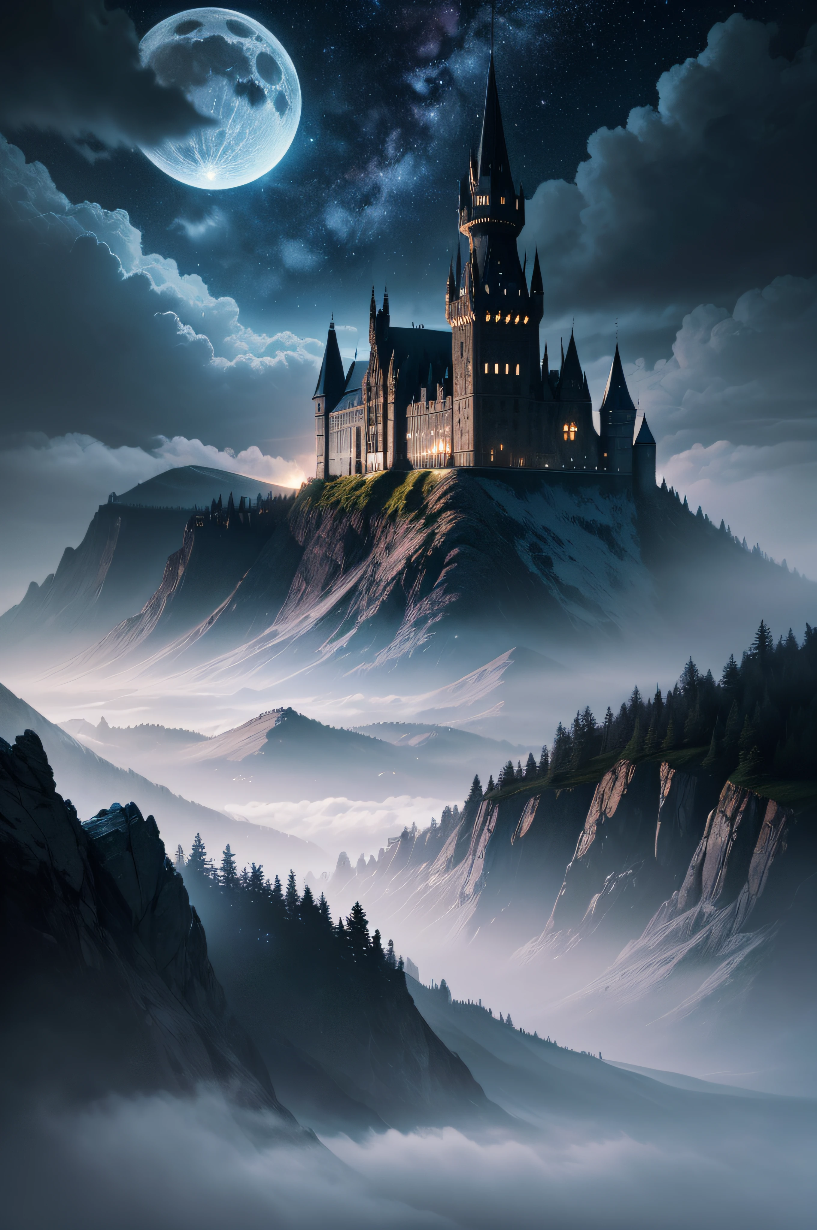 (Best quality,4K,8k,high resolucion,Masterpiece:1.2),Ultra-detailed,(Realstic,photoreallistic,photo-realistic:1.37),dark and strange atmosphere,The imposing and majestic castle of Hogwarts,Threatening shadows and flickering lights,Scary and mysterious lake shrouded in fog,Distant mountains shrouded in darkness,Glittering stars scattered across the night sky,Clouds lit by the moon adding a strange atmosphere