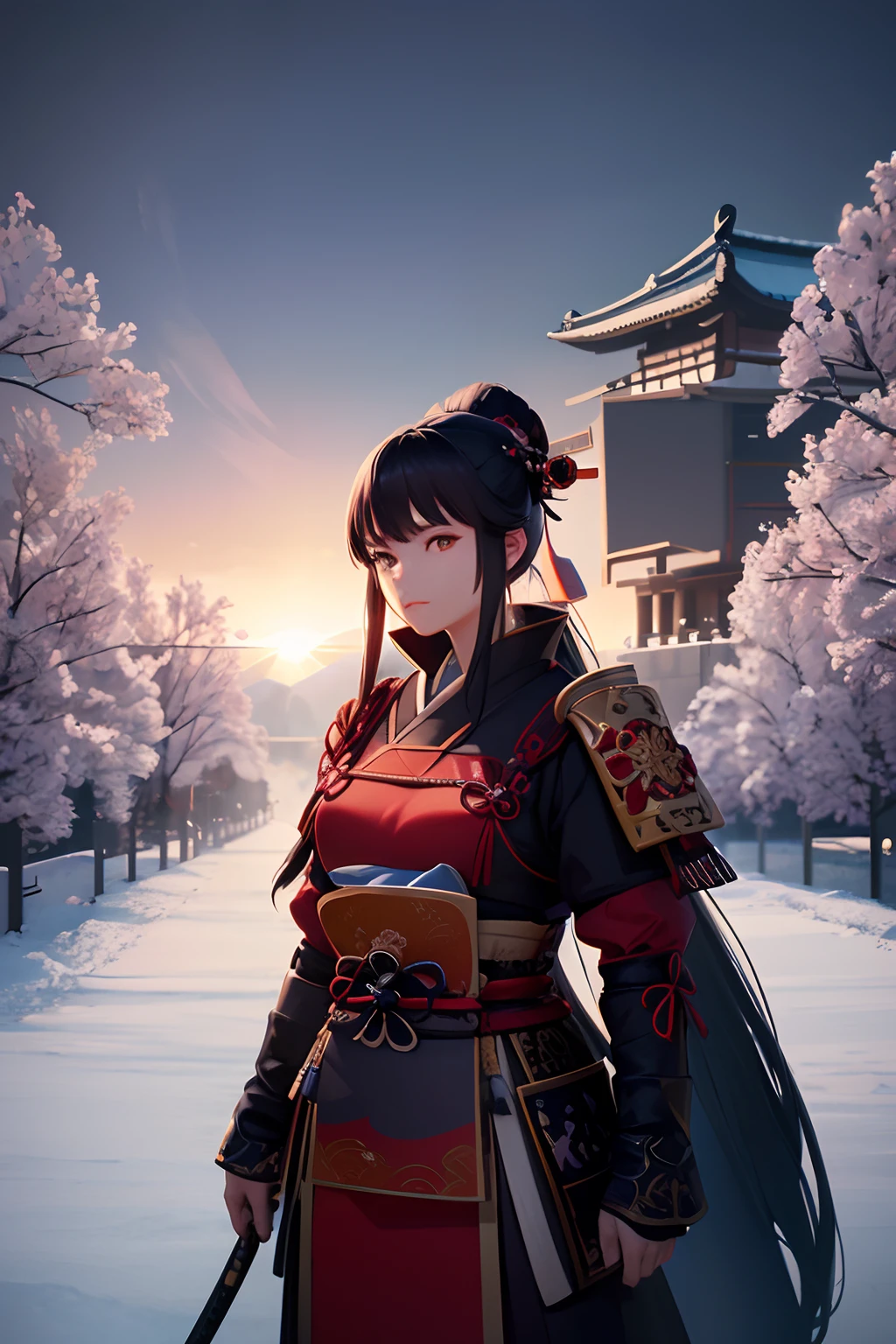 Beautiful female samurai of the Warring States period、Woman with semi-long hair、Samurai's Idetouch、Samurai Pose、Big sword、、gazing at viewer、The appearance of the samurai、Computer Graphics Art、。.。.。.。.。.。.。.。.。.。.。.。.。.。.。.。.。.3D、hight resolution、top-quality、The upper part of the body、8K Character Concept、32K、pixiv、illustratio、 ultra-detailliert、hyperdetailed face、Megapixel、 Ultra High Definition HDR、Clair、Overdecoration