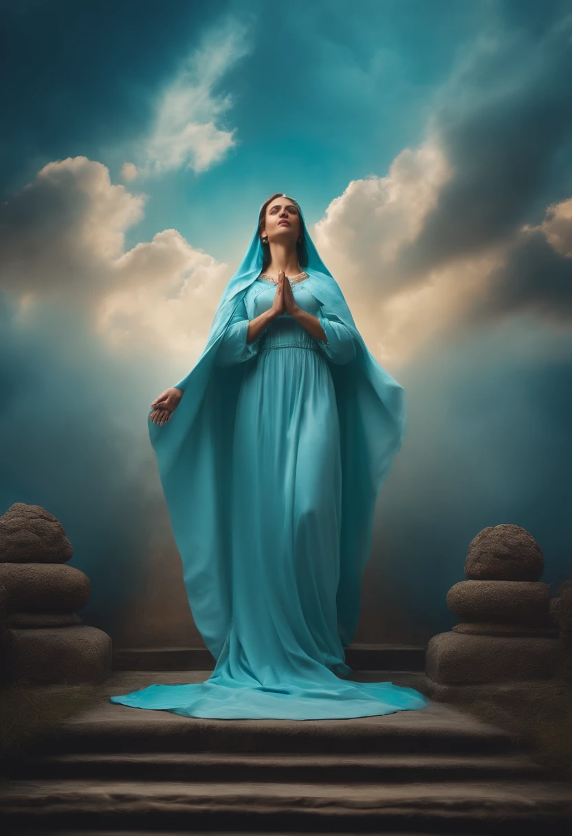 Prayer Hail Mary, with veil and sacred mantle in heavenly turquoise blue in the clouds of the sky, cinematic, 8K, realistic