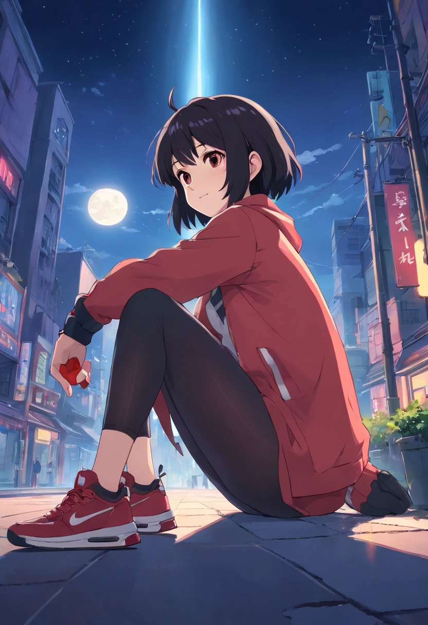 Mavis scooter, hotel transylvania, red micro bikini, red and black stripped leggings, red sneakers, fingerless gloves, choker, short black hair, pale skin, Black and white contours are clear, Thick line of preschool picture book, Simple cartoon style, isolated on a white background, night, moonlight, full moon, Has a quirky and cute personality