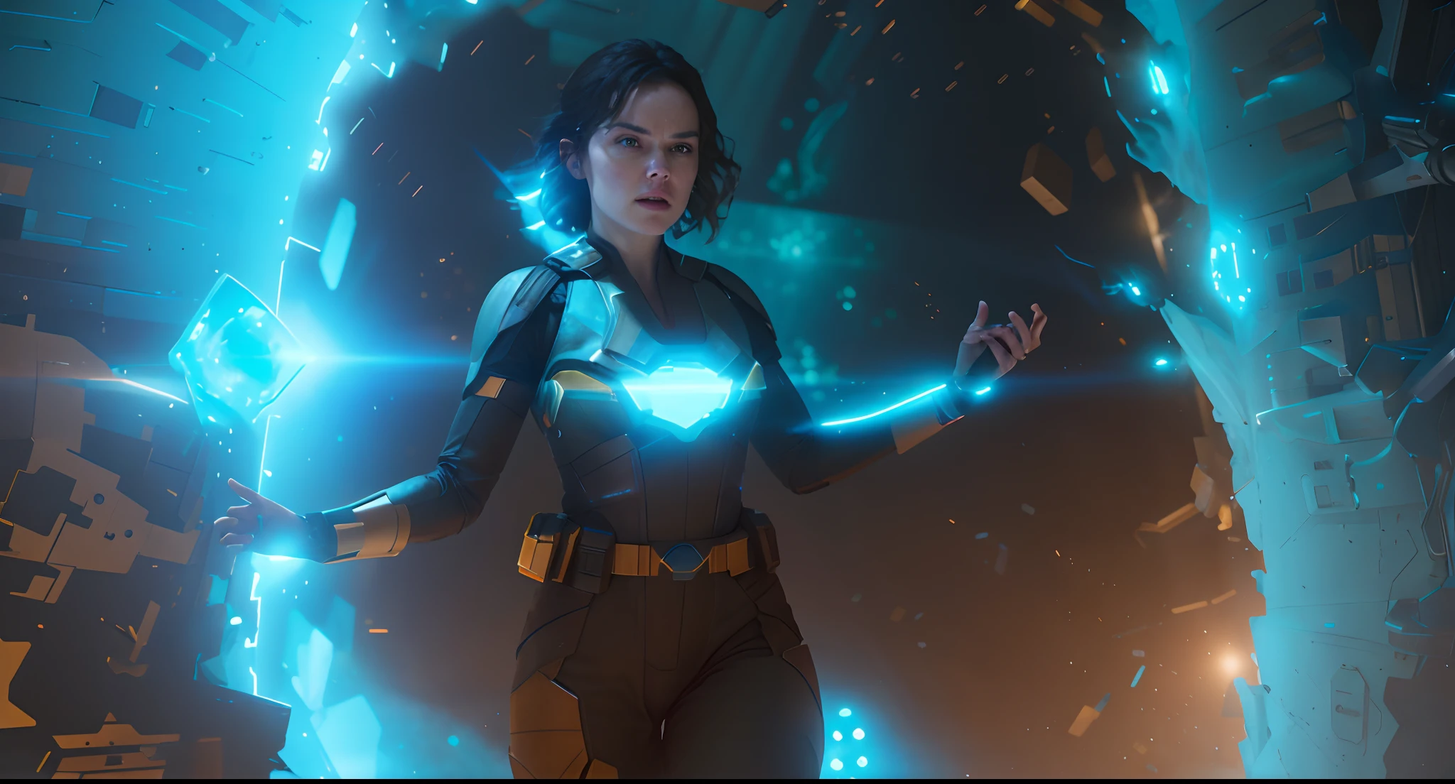 Hot Sci fi action of Daisy Ridley using blue energy powers photography, natural light, photorealism, cinematic rendering, ray tracing, the highest quality, the highest detail, Cinematic, Third-Person View, Blur Effect, Long Exposure, 8K, Ultra-HD, Natural Lighting, Moody Lighting, Cinematic Lighting