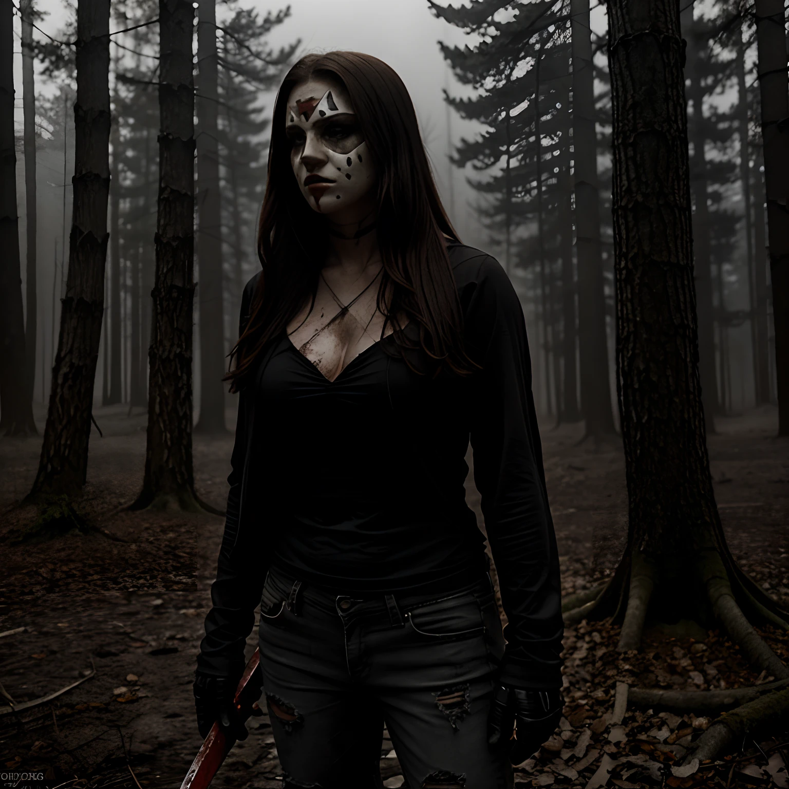 Generate a striking photograph of Autumn in her mid-20s, standing at approximately 5'4". She embodies a female version of Jason Voorhees from the Friday the 13th franchise. Her long, wavy chestnut hair cascades eerily over her shoulders, and her athletic hourglass figure, including her full bust, is cloaked in a sinister yet alluring manner. Her complexion is pallid, creating an eerie contrast with her dark attire.Cloaked in a gender-bent, menacing interpretation of Jason Voorhees' iconic attire, Autumn wears a tattered and blood-spattered hockey mask that conceals the upper part of her face. Her clothing consists of a weathered, blood-stained hockey jersey with the number 13, paired with distressed, dirt-covered jeans and heavy, mud-caked boots.The photoshoot takes place in a creepy, moonlit forest by the shores of Crystal Lake. The atmosphere is shrouded in fog, and the dim moonlight casts eerie shadows through the trees, creating a chilling ambiance.Autumn strikes poses that convey both malevolent power and eerie allure. She might menacingly wield a bloodied machete or axe, poised to strike, while her expressive brown eyes gleam malevolently through the eyeholes of the hockey mask. Her stance exudes a sinister confidence that captures the essence of Jason Voorhees.Intense look and makeup, asymmetrical mask design, photorealistic, moonlit lighting, ominous fog, reflective machete/axe blade, visible gore and bloodstains, chilling shadows, intricate, elaborate, hyper-realistic.