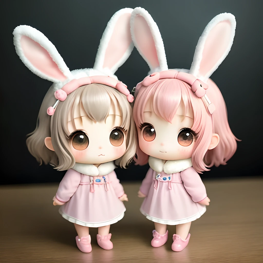 tchibi、Two-headed body、kawaii、Long-eared chibigos rabbit、pink clothing、Background through