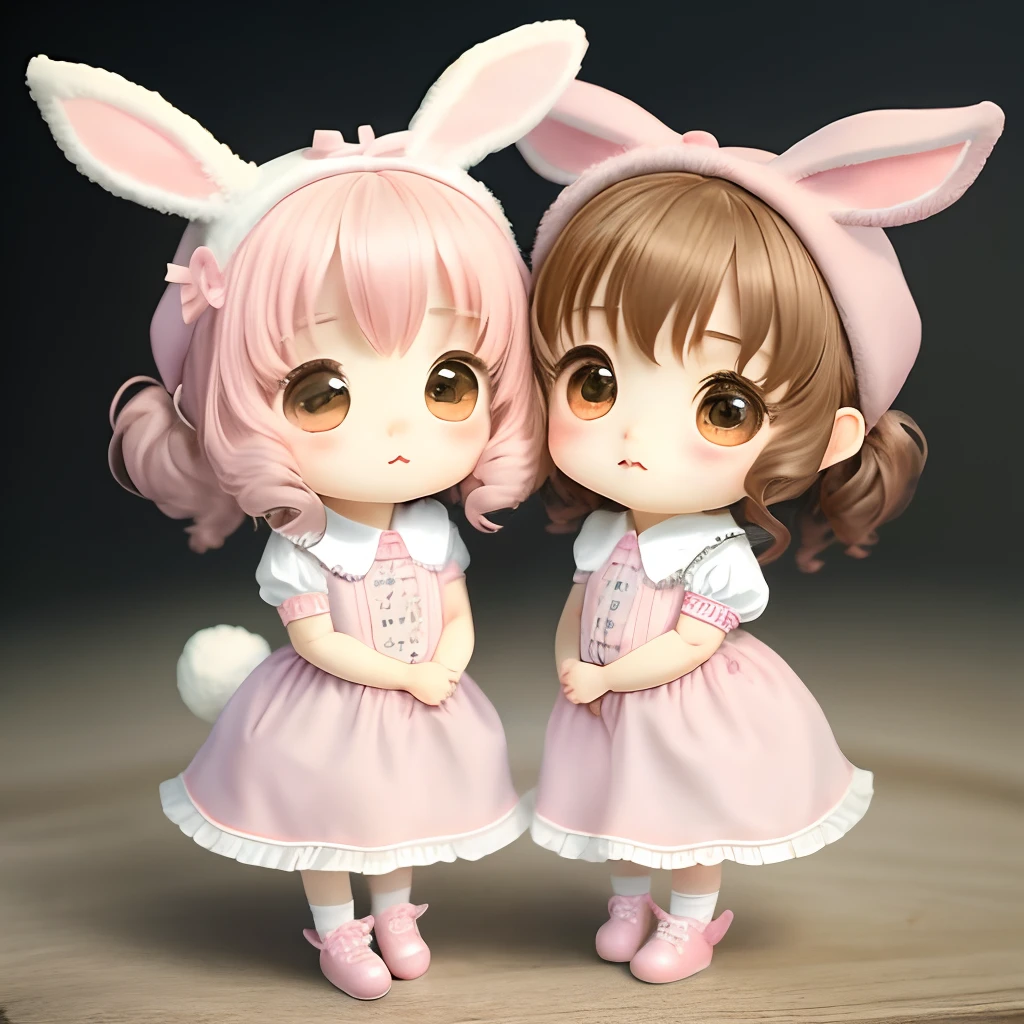 tchibi、Two-headed body、kawaii、Long-eared chibigos loli rabbit、pink clothing、Background through