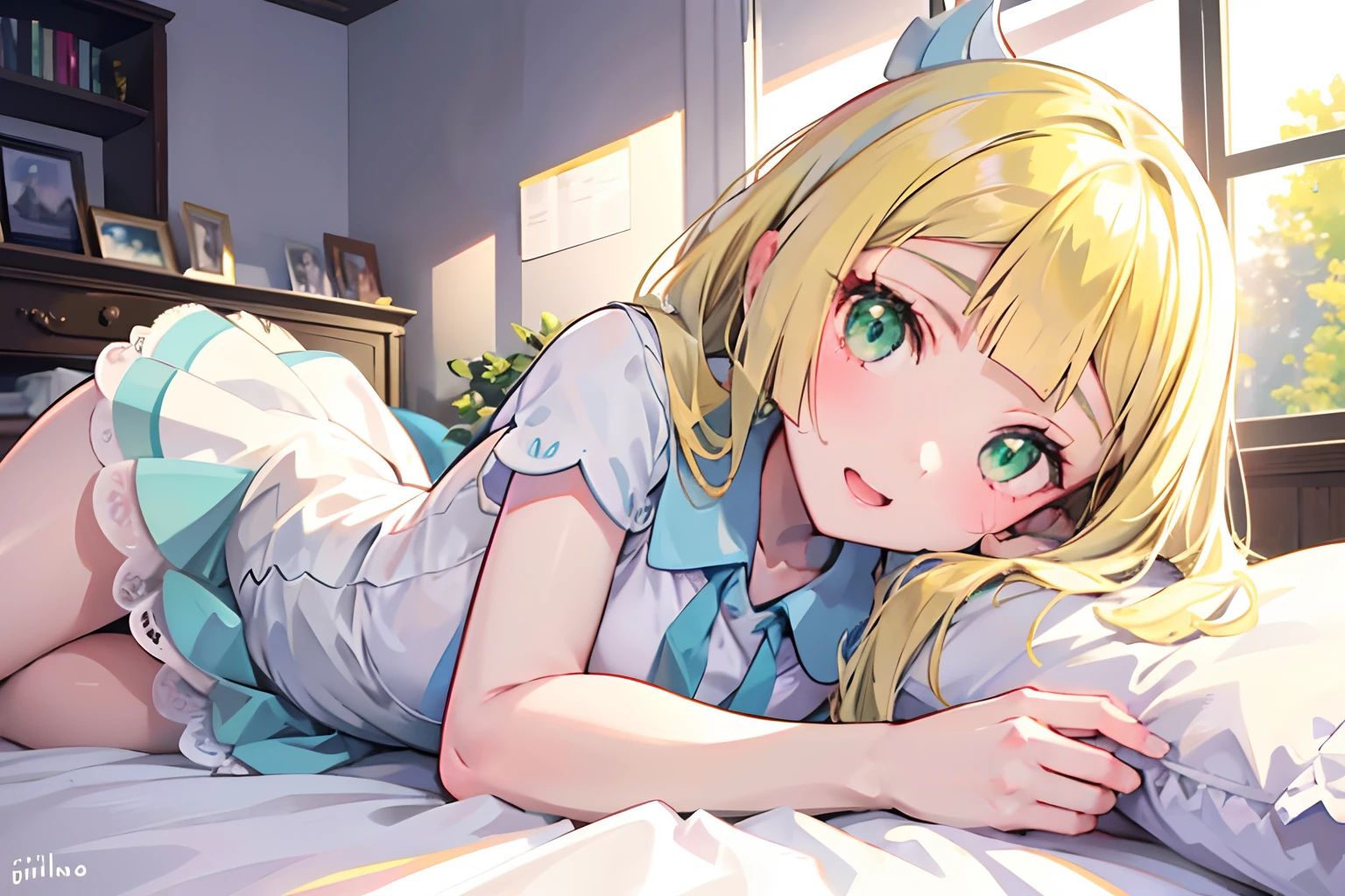 Anime girl laying on bed with pillow and pillow case - SeaArt AI