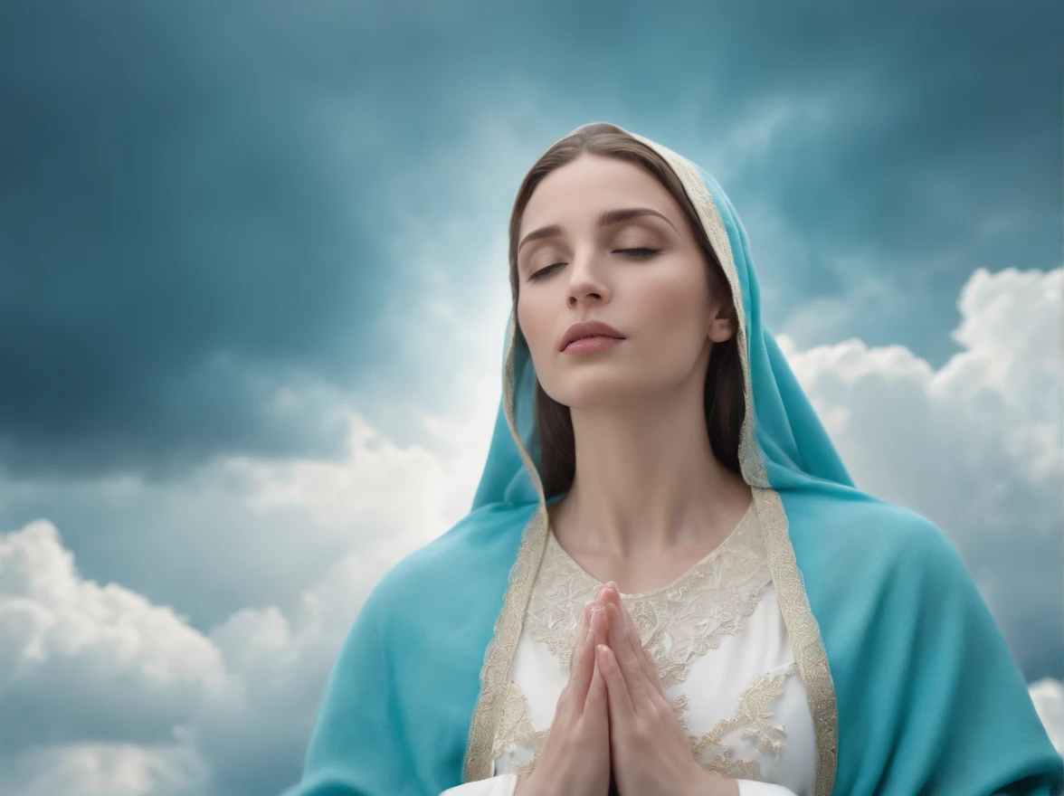 Prayer Hail Mary, with veil and sacred mantle in heavenly turquoise blue in the clouds of the sky, cinematic, 8K, realistic