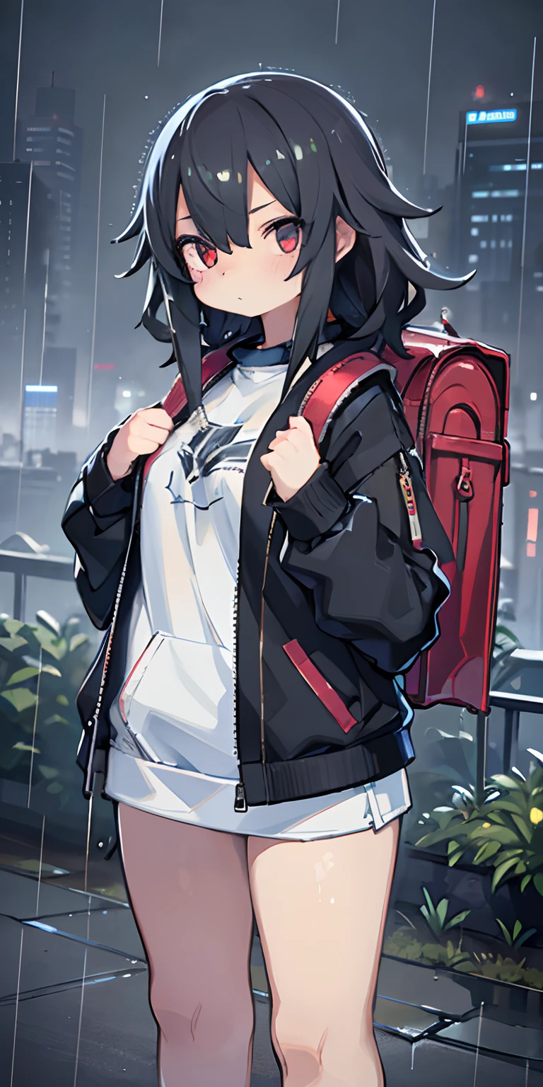 1girl, jacket, rain, outdoors, sweatshirt, open jacket, chain, backpack, looking at each other, messy hair, artstation trend, 8k resolution, highly detailed, anatomically correct, sharp image, digital painting, concept art, trend pixiv, styled by Makoto Shinkai,